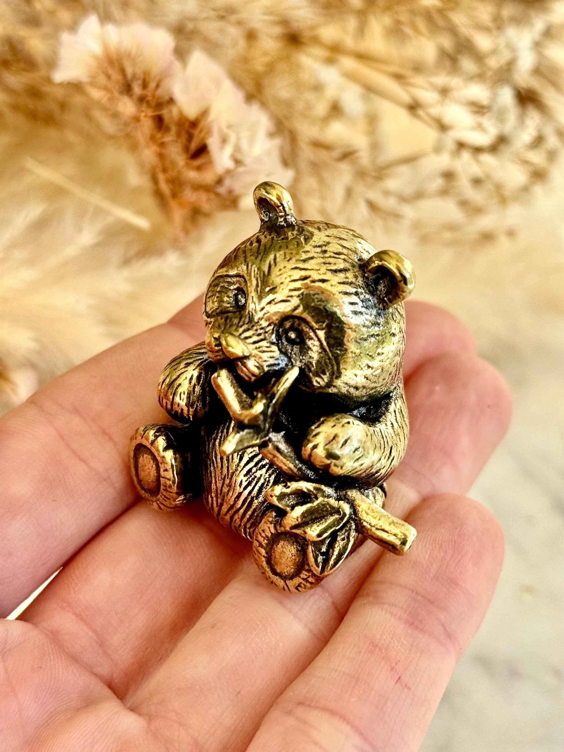 Endearing Baby Panda Eating Bamboo figurine, Solid brass adorable panda miniature, Panda with Bamboo sculpture, panda paperweight,