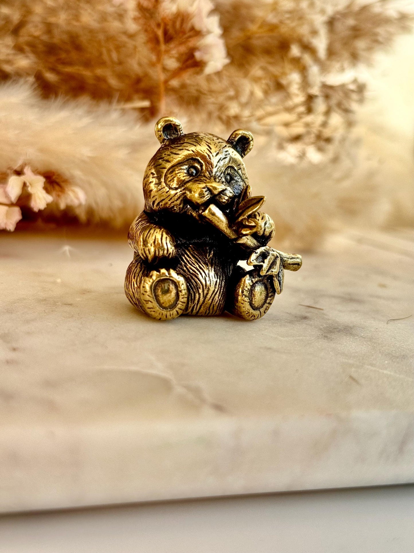 Endearing Baby Panda Eating Bamboo figurine, Solid brass adorable panda miniature, Panda with Bamboo sculpture, panda paperweight,