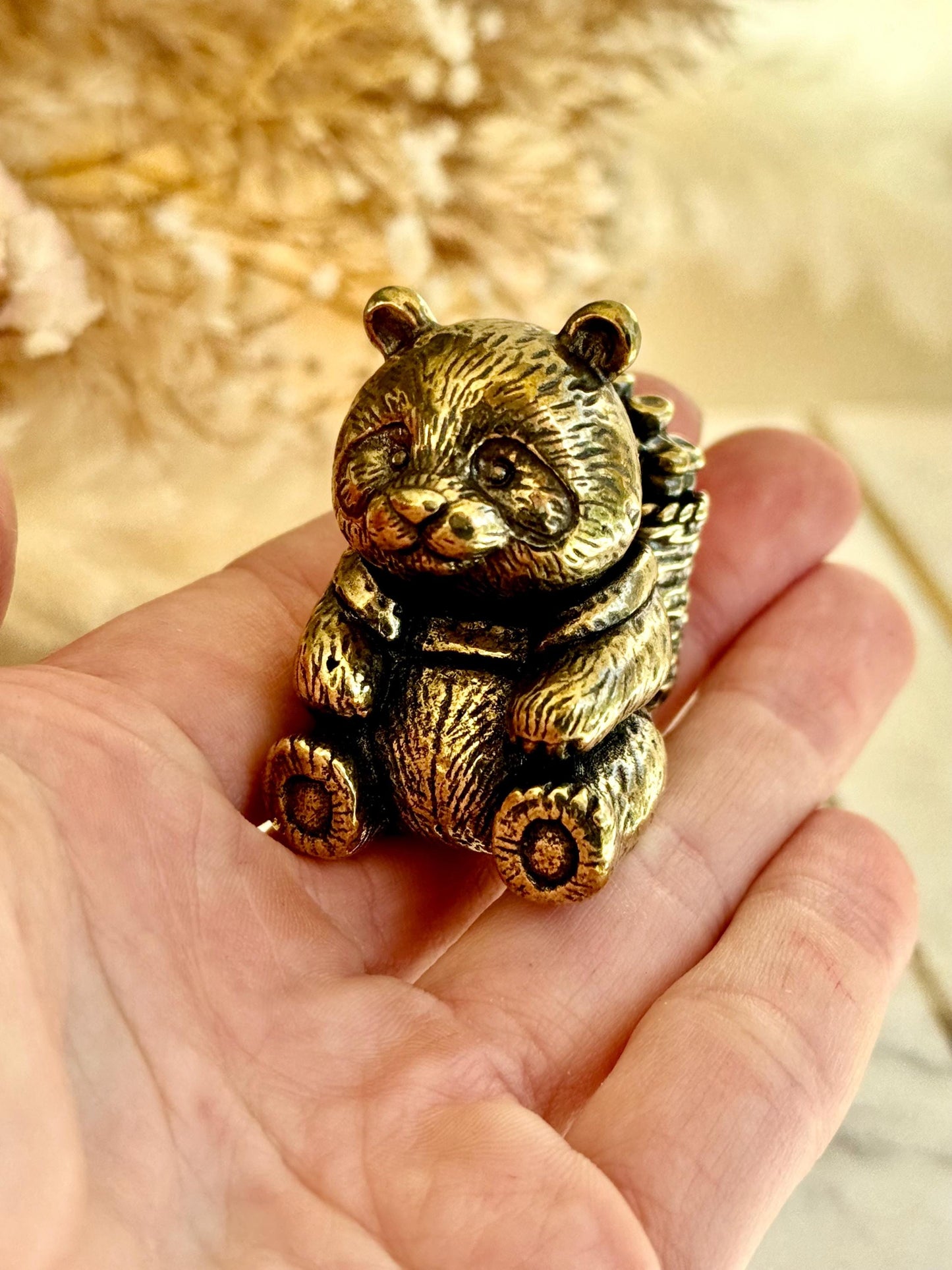 Endearing Baby Panda With a Bamboo Basket figurine, Solid brass adorable panda miniature, Panda with Bamboo sculpture, panda paperweight