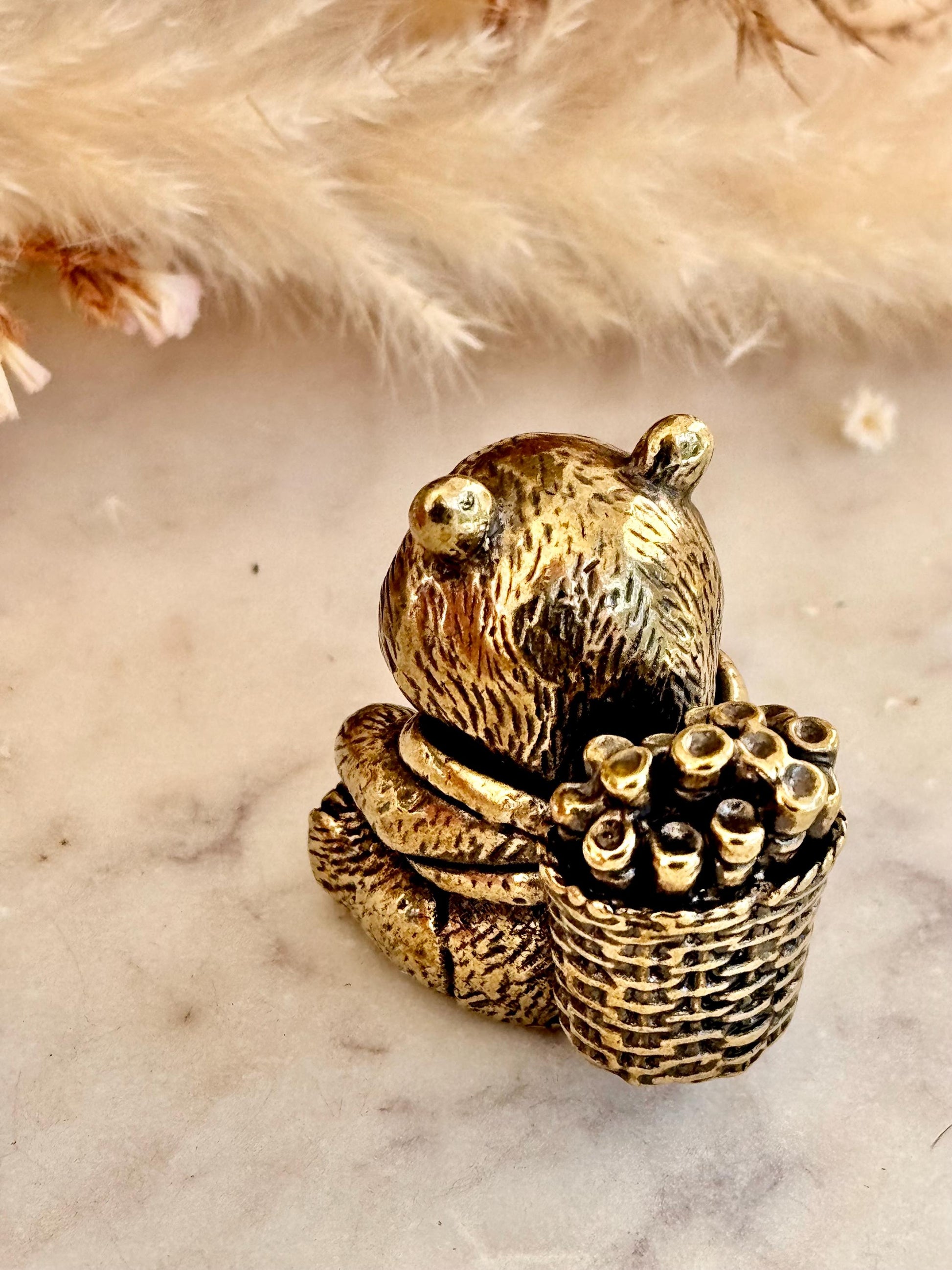 Endearing Baby Panda With a Bamboo Basket figurine, Solid brass adorable panda miniature, Panda with Bamboo sculpture, panda paperweight