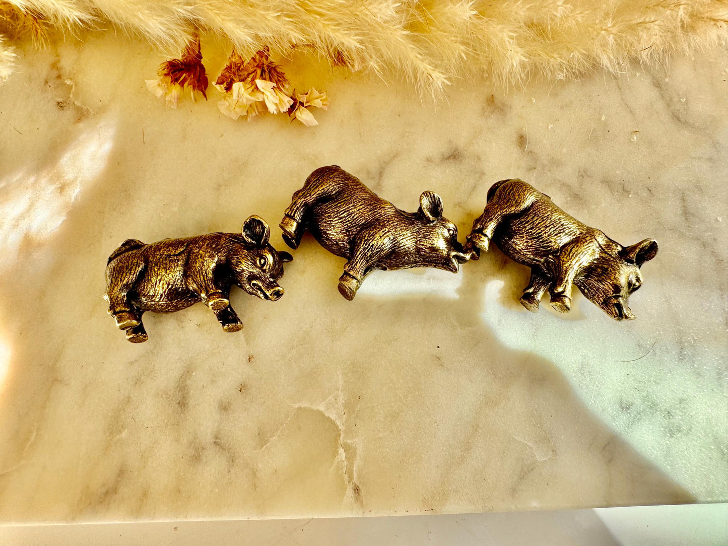 Happy little piggies fine workmanship solid brass miniature, lost wax casting figurine, three little pig figurine, cute animal sculpture