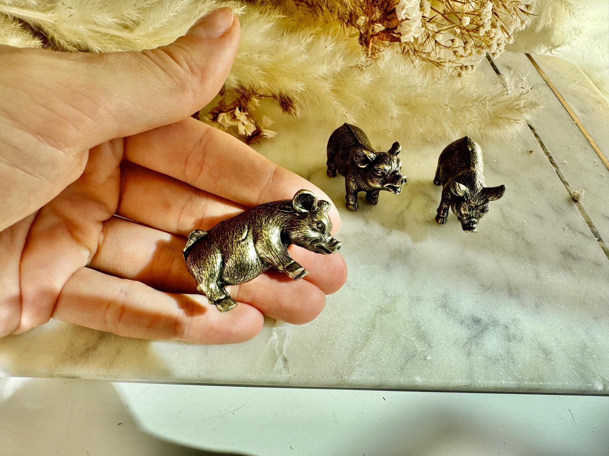 Happy little piggies fine workmanship solid brass miniature, lost wax casting figurine, three little pig figurine, cute animal sculpture