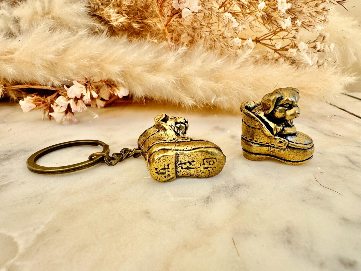 Adorable solid brass puppy in a boot statuette, little metal puppy keyring, cute little doggie keychain, thoughtful gift dog lover