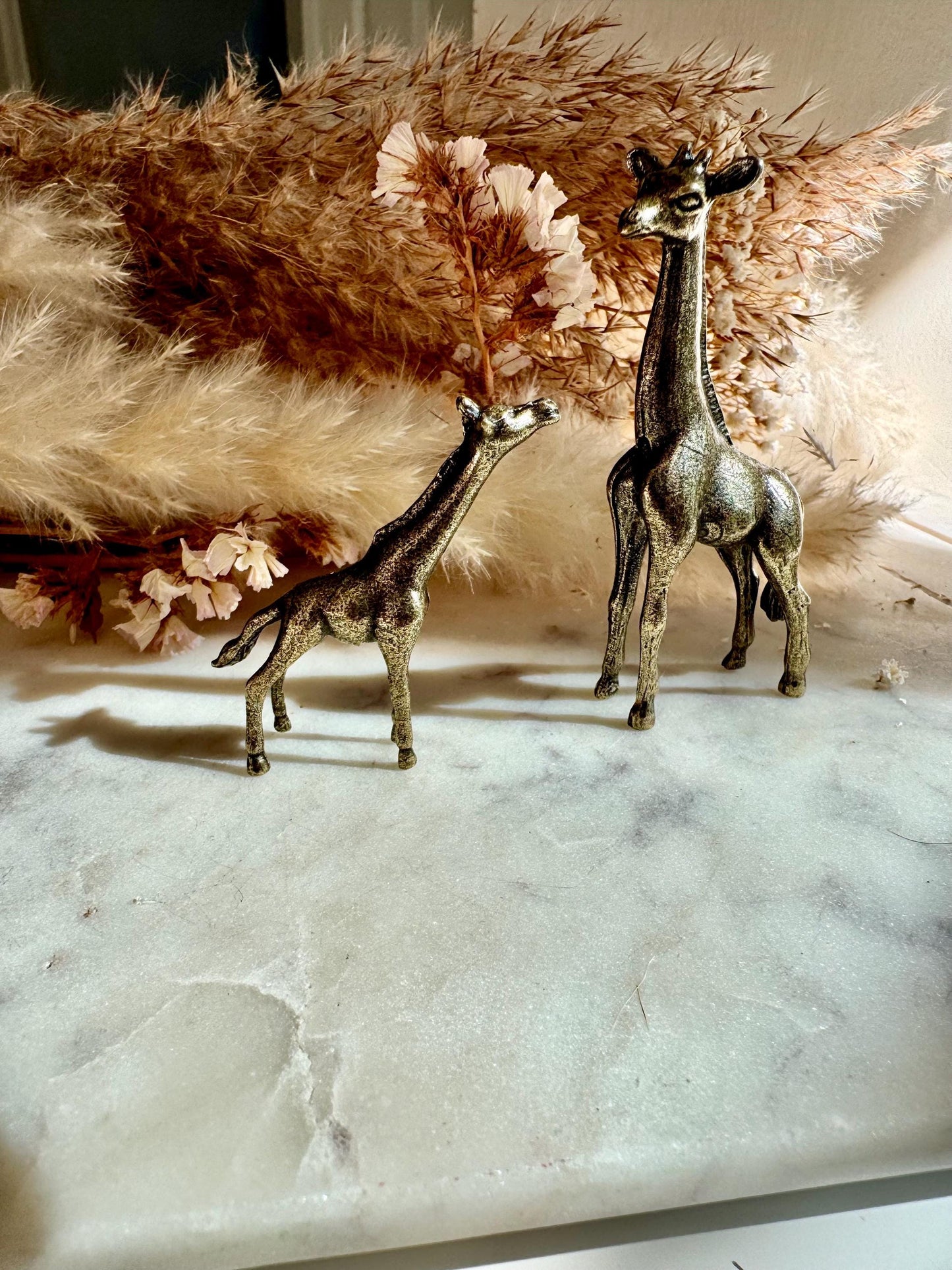 Traditional style giraffe family, Fine solid brass baby and mother giraffe statuette, Safari decor, Miniature zoo, Gift for animal lovers