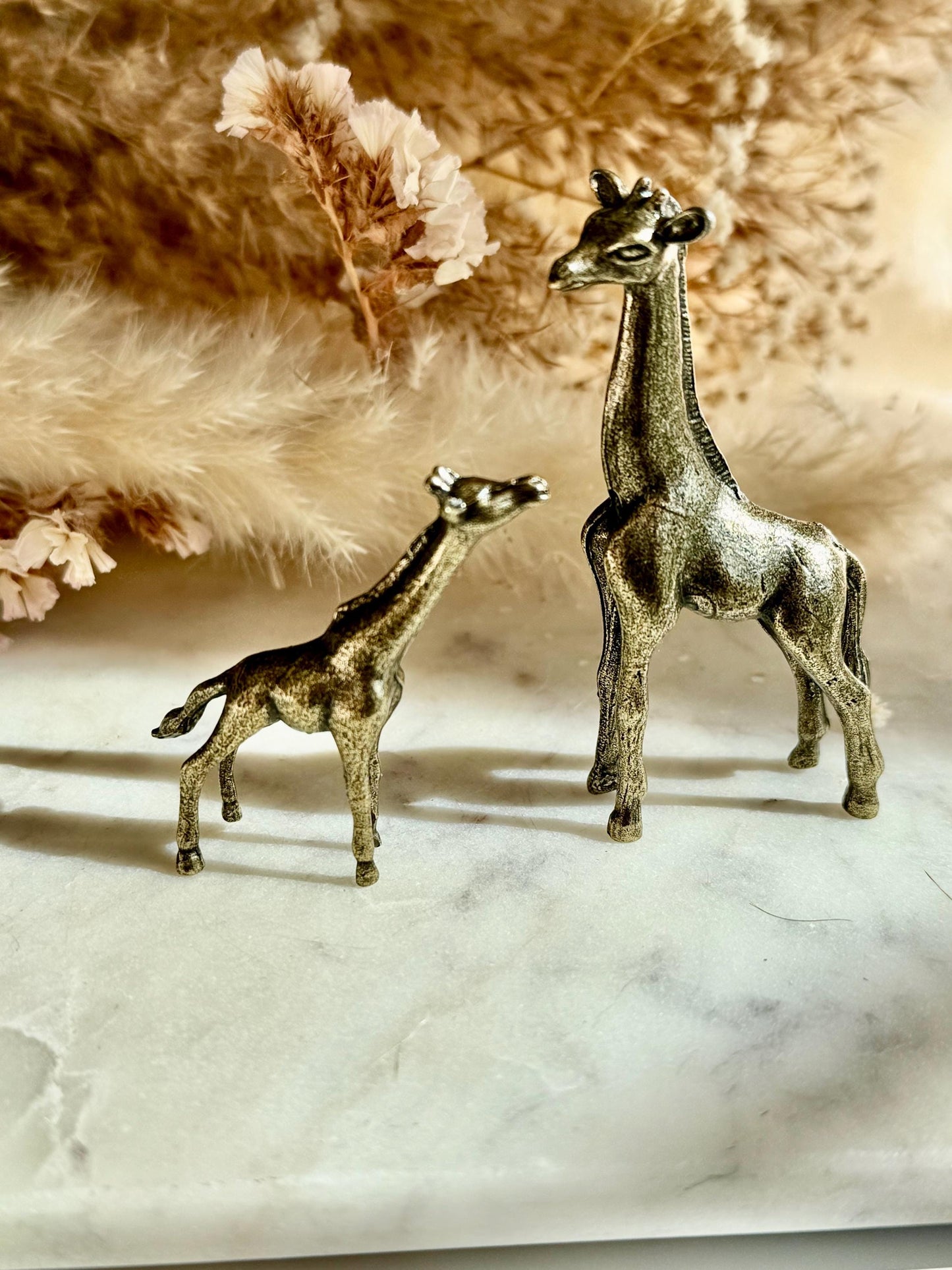 Traditional style giraffe family, Fine solid brass baby and mother giraffe statuette, Safari decor, Miniature zoo, Gift for animal lovers