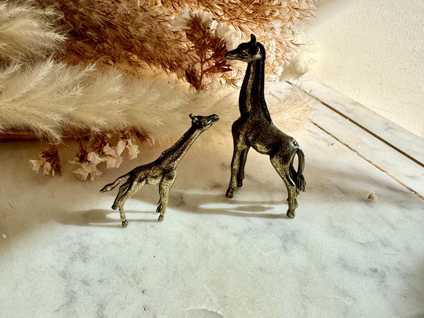 Traditional style giraffe family, Fine solid brass baby and mother giraffe statuette, Safari decor, Miniature zoo, Gift for animal lovers