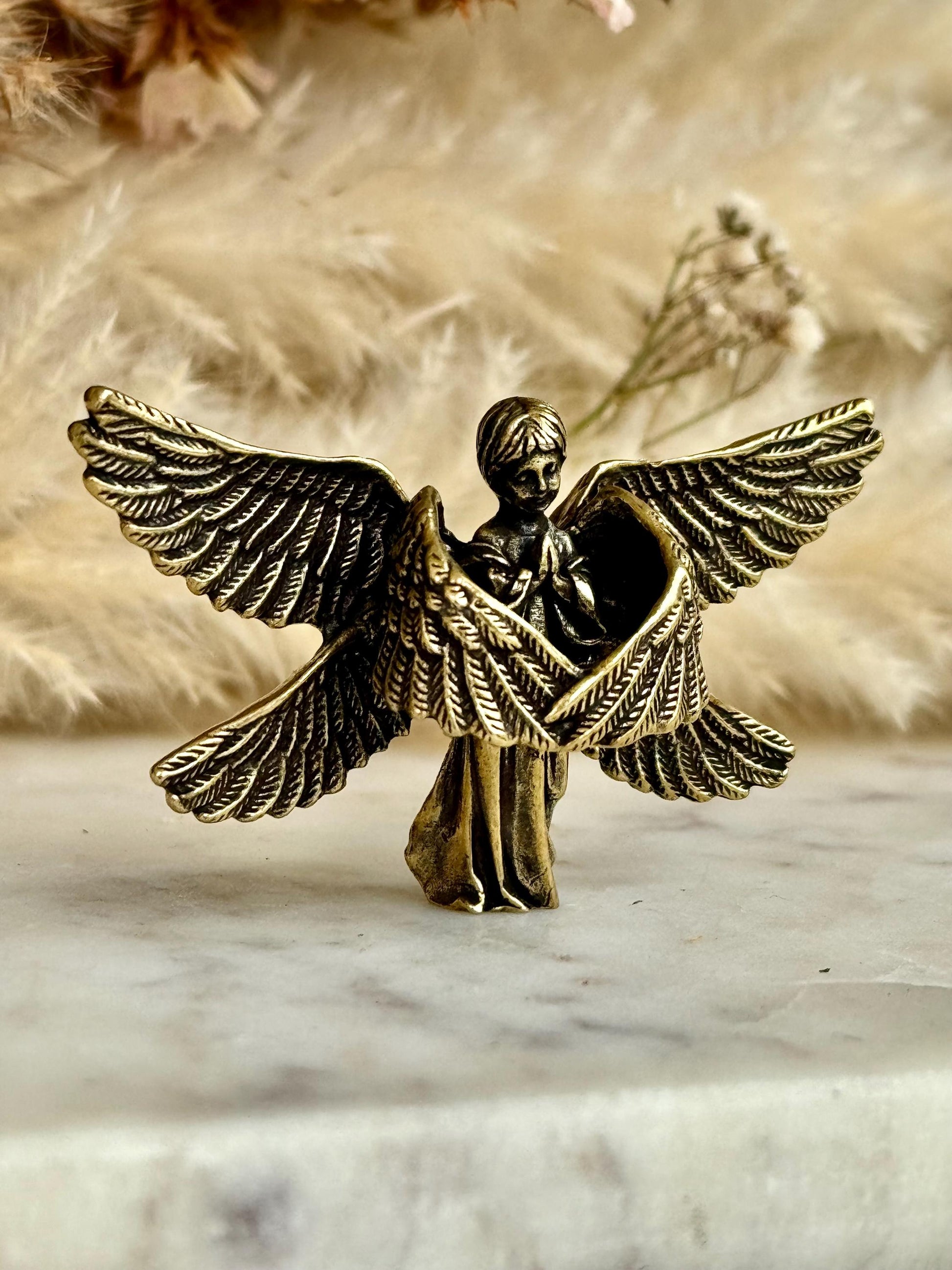 Solid brass Angel protector figurine, Guardian ornament, Brass angel with six wings figurine, Christmas gift, praying angel statue