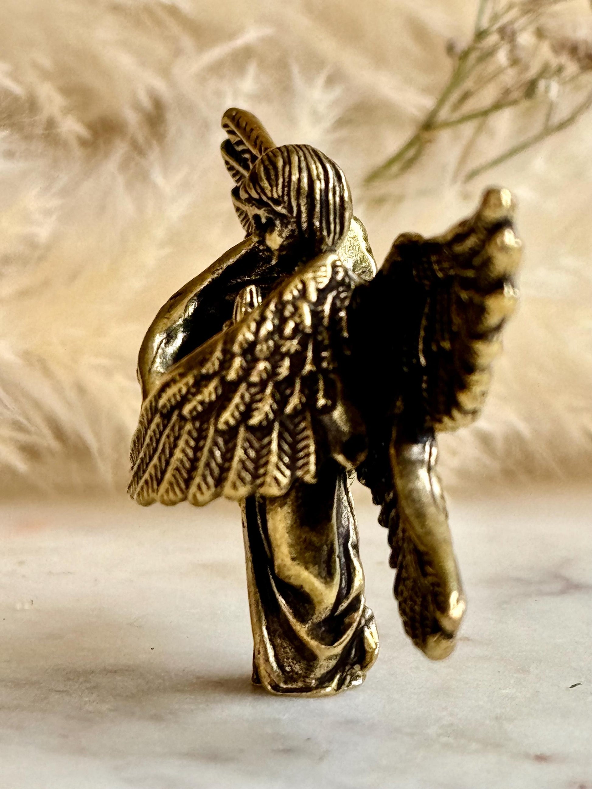 Solid brass Angel protector figurine, Guardian ornament, Brass angel with six wings figurine, Christmas gift, praying angel statue