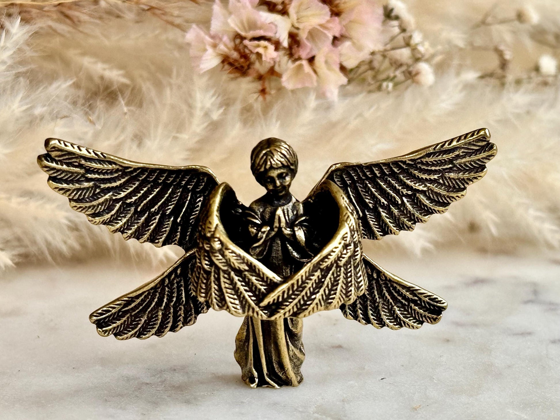 Solid brass Angel protector figurine, Guardian ornament, Brass angel with six wings figurine, Christmas gift, praying angel statue
