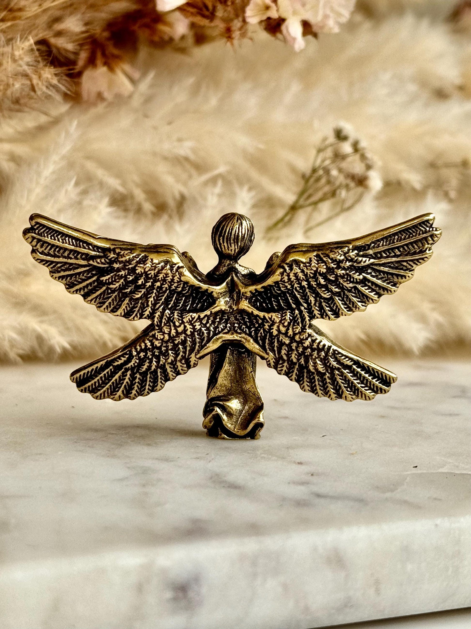 Solid brass Angel protector figurine, Guardian ornament, Brass angel with six wings figurine, Christmas gift, praying angel statue