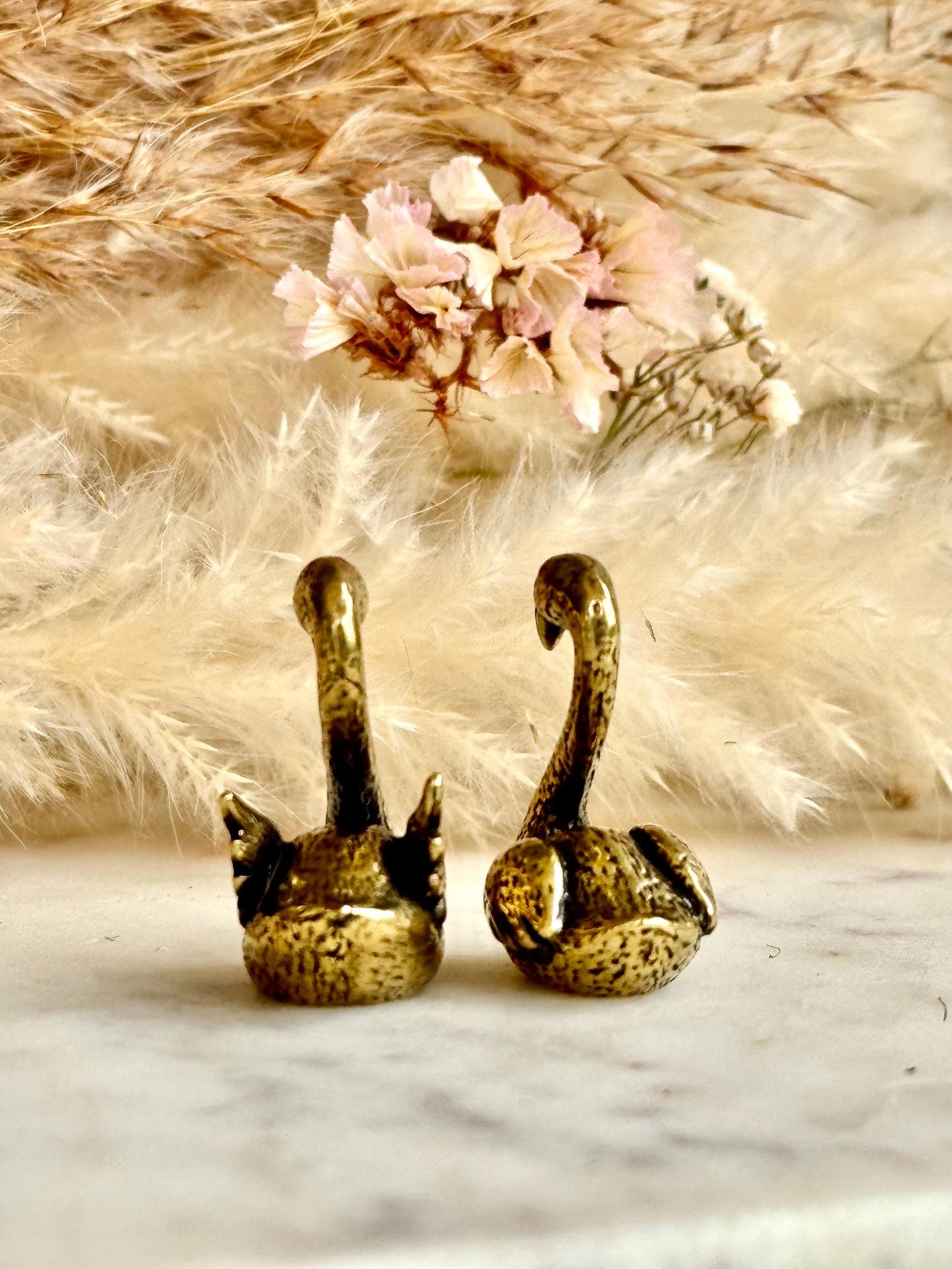 Pair of Solid brass couple of Swans figurines, tiny swans ornament, love talisman statue, Japanese style figurine, Small Flamingo statue