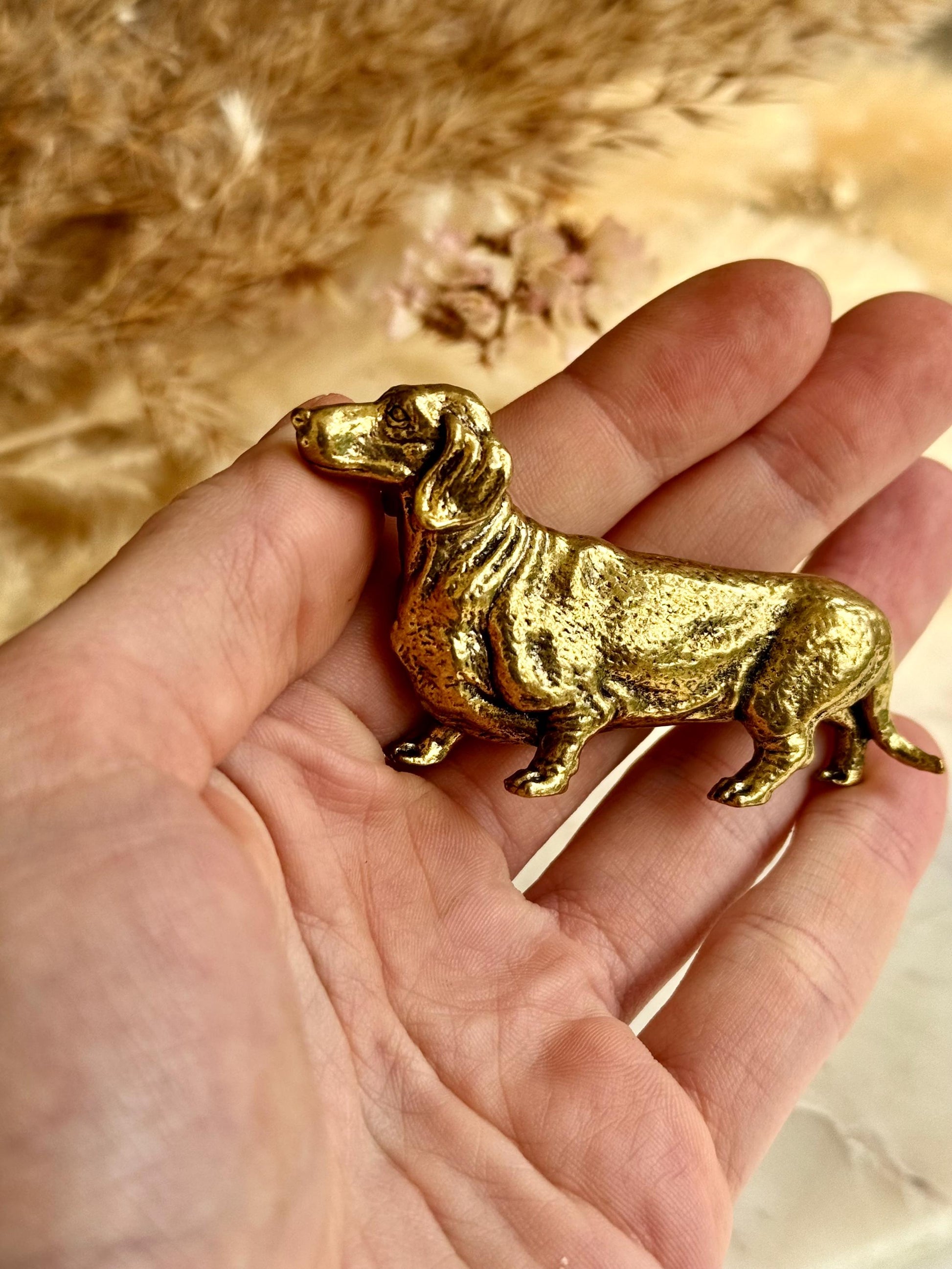 Lifelike solid brass dachshund figurine, beautiful German badger-dog statuette, metal sausage dog ornament, beautiful dog paperweight