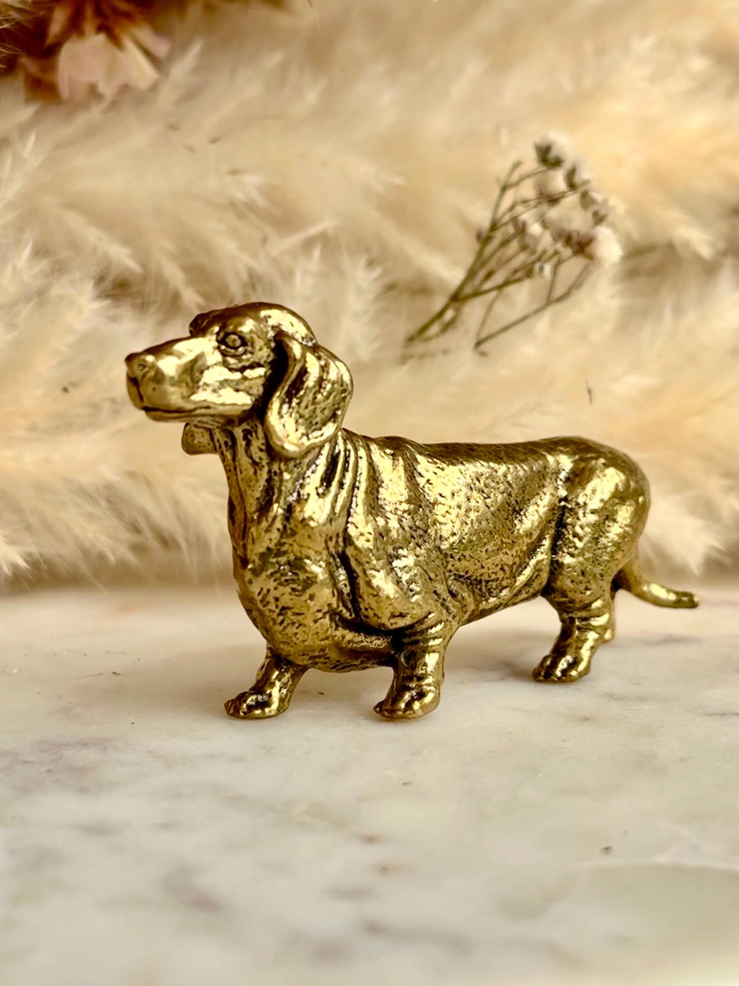 Lifelike solid brass dachshund figurine, beautiful German badger-dog statuette, metal sausage dog ornament, beautiful dog paperweight