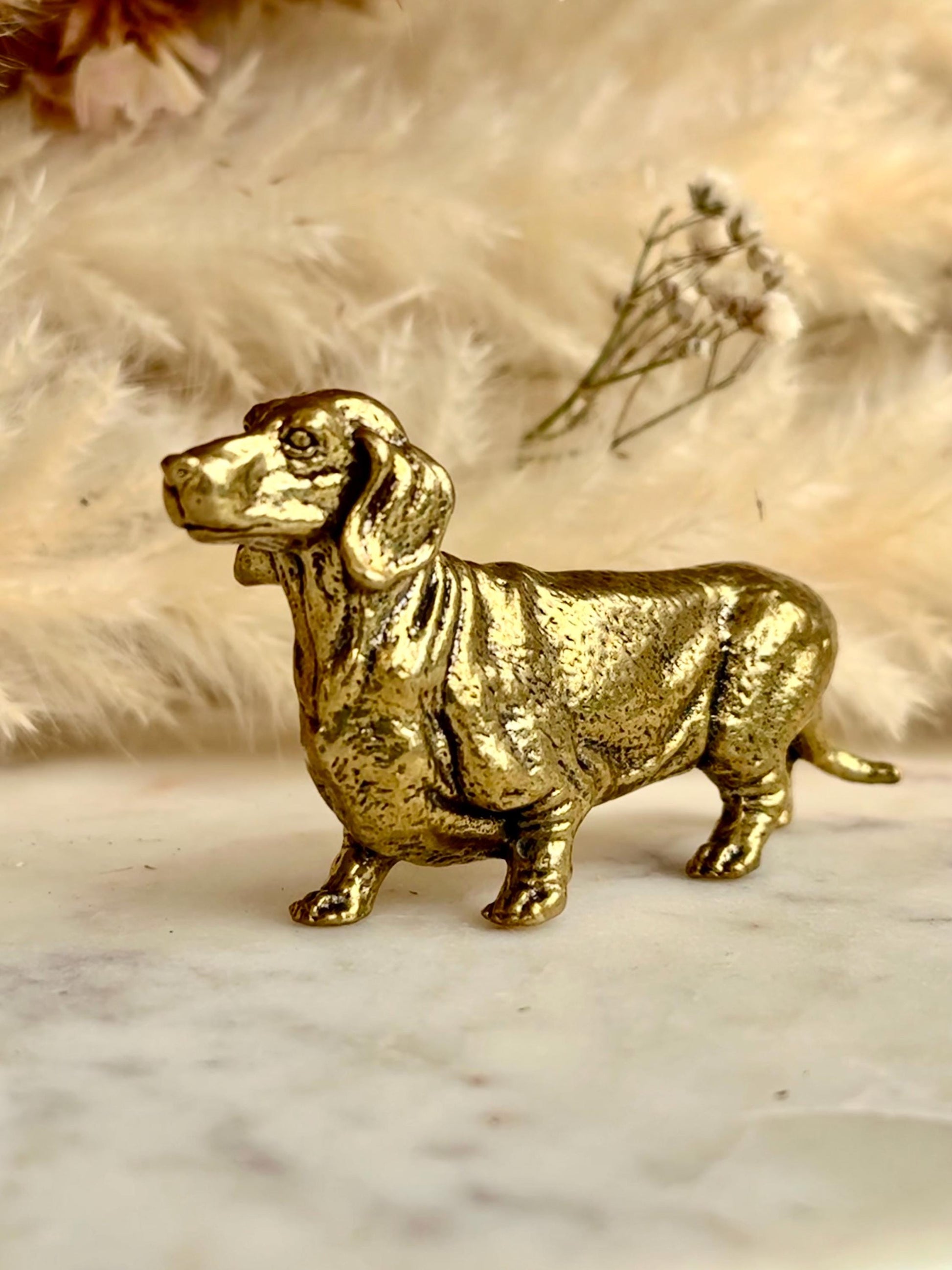 Lifelike solid brass dachshund figurine, beautiful German badger-dog statuette, metal sausage dog ornament, beautiful dog paperweight