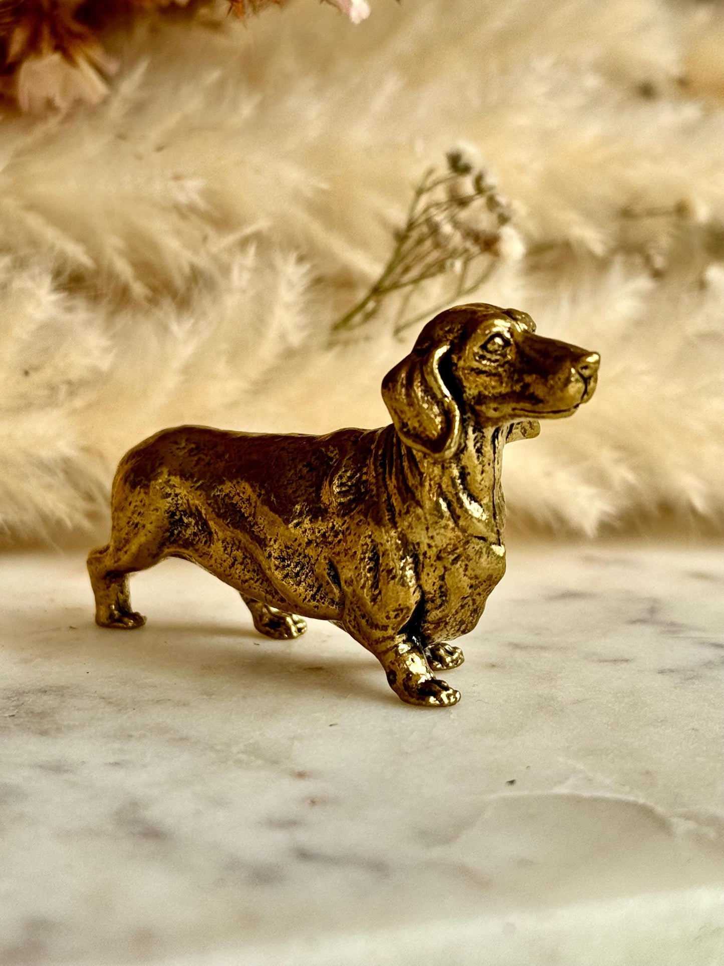 Lifelike solid brass dachshund figurine, beautiful German badger-dog statuette, metal sausage dog ornament, beautiful dog paperweight