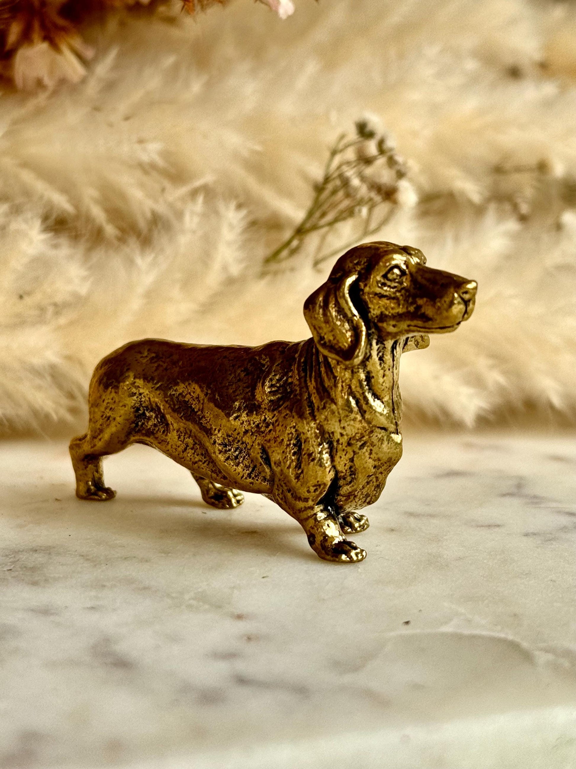 Lifelike solid brass dachshund figurine, beautiful German badger-dog statuette, metal sausage dog ornament, beautiful dog paperweight