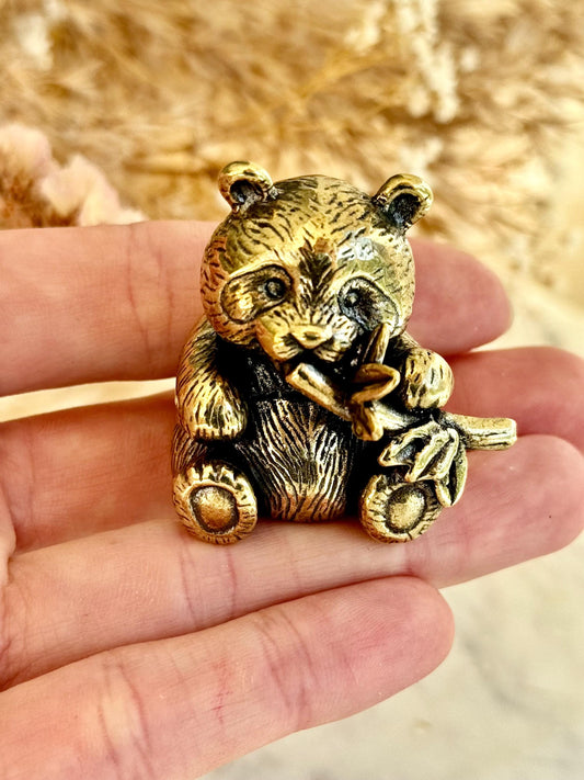 Endearing Baby Panda Eating Bamboo figurine, Solid brass adorable panda miniature, Panda with Bamboo sculpture, panda paperweight,