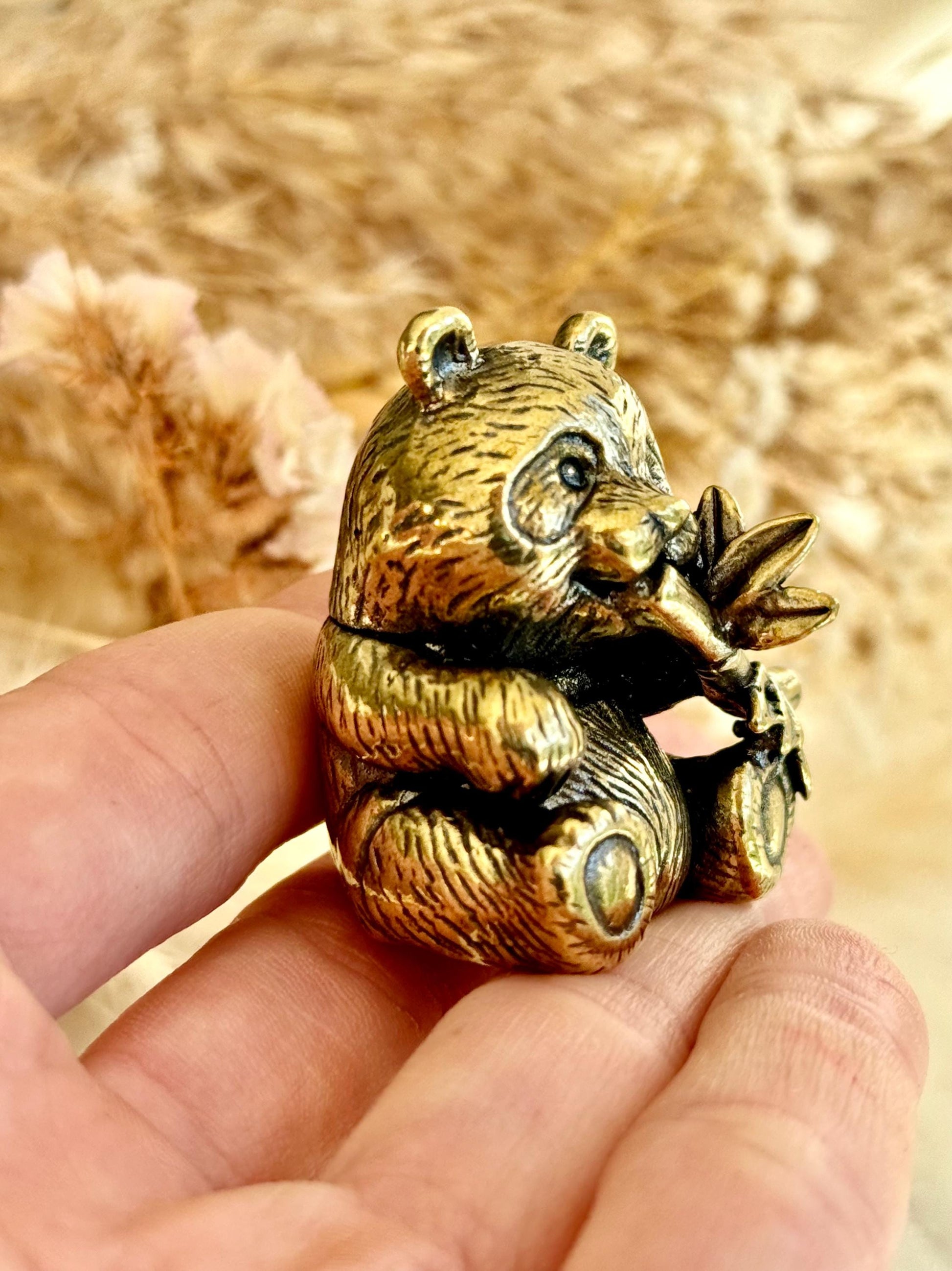 Endearing Baby Panda Eating Bamboo figurine, Solid brass adorable panda miniature, Panda with Bamboo sculpture, panda paperweight,