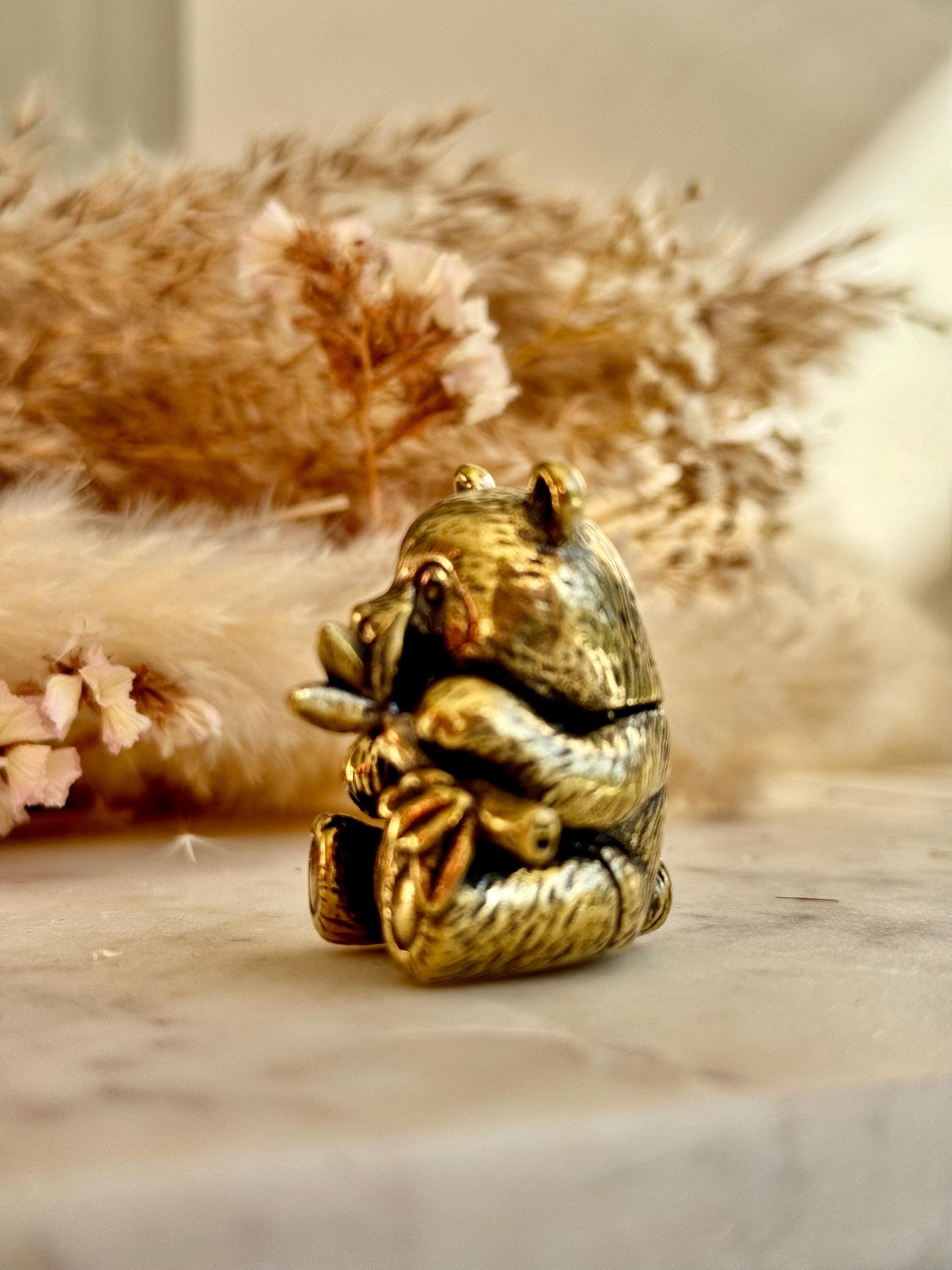 Endearing Baby Panda Eating Bamboo figurine, Solid brass adorable panda miniature, Panda with Bamboo sculpture, panda paperweight,