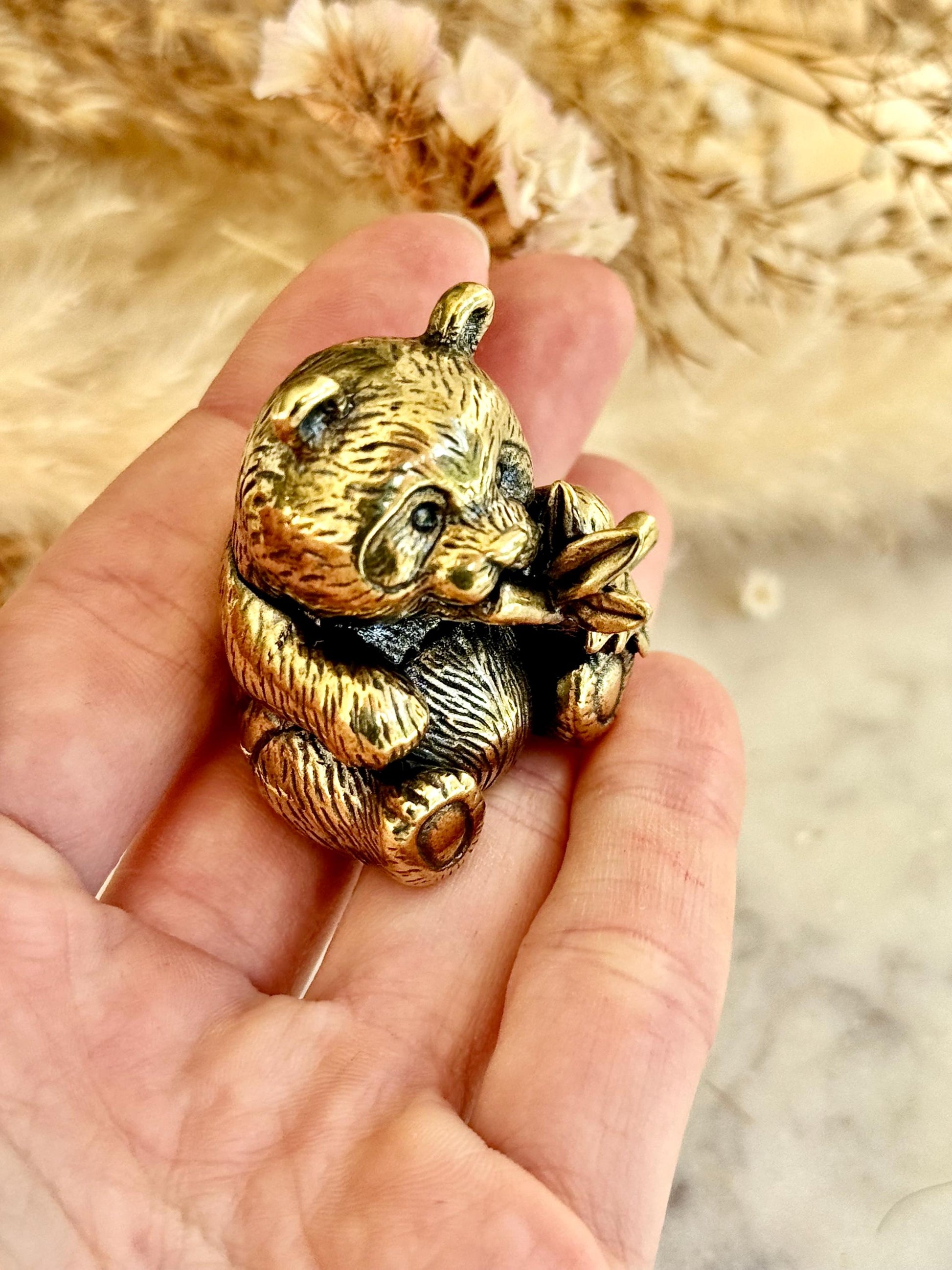 Endearing Baby Panda Eating Bamboo figurine, Solid brass adorable panda miniature, Panda with Bamboo sculpture, panda paperweight,