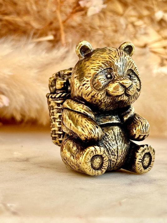 Endearing Baby Panda With a Bamboo Basket figurine, Solid brass adorable panda miniature, Panda with Bamboo sculpture, panda paperweight
