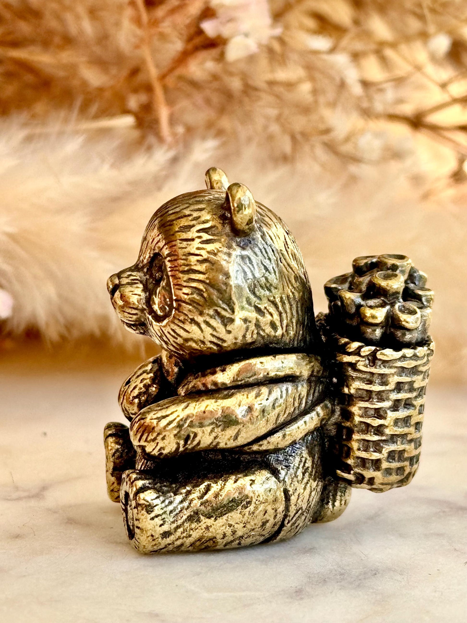 Endearing Baby Panda With a Bamboo Basket figurine, Solid brass adorable panda miniature, Panda with Bamboo sculpture, panda paperweight