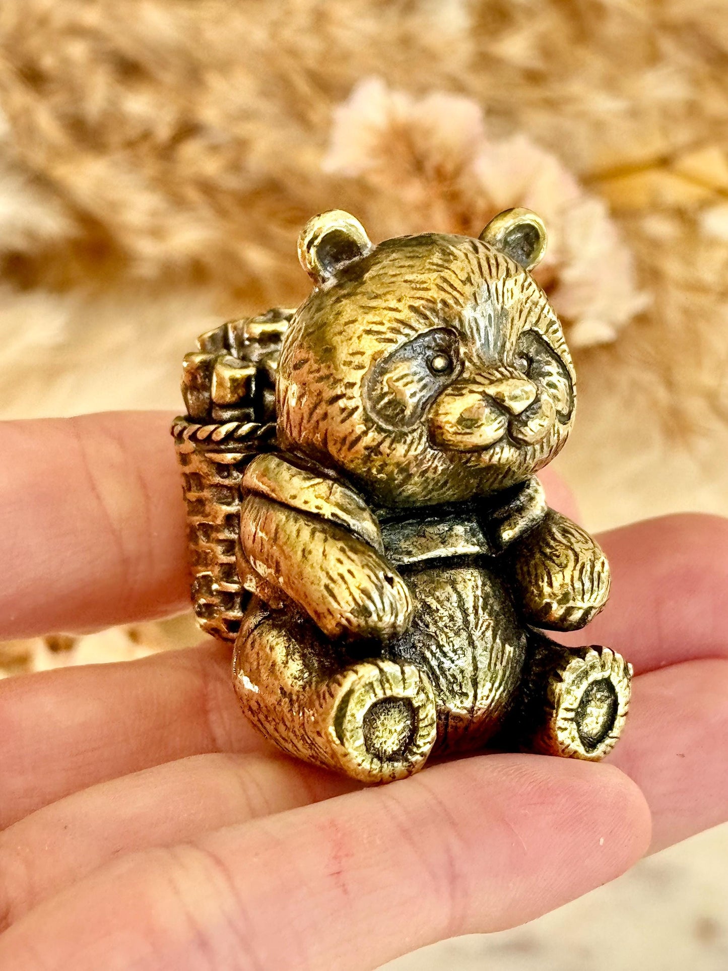 Endearing Baby Panda With a Bamboo Basket figurine, Solid brass adorable panda miniature, Panda with Bamboo sculpture, panda paperweight