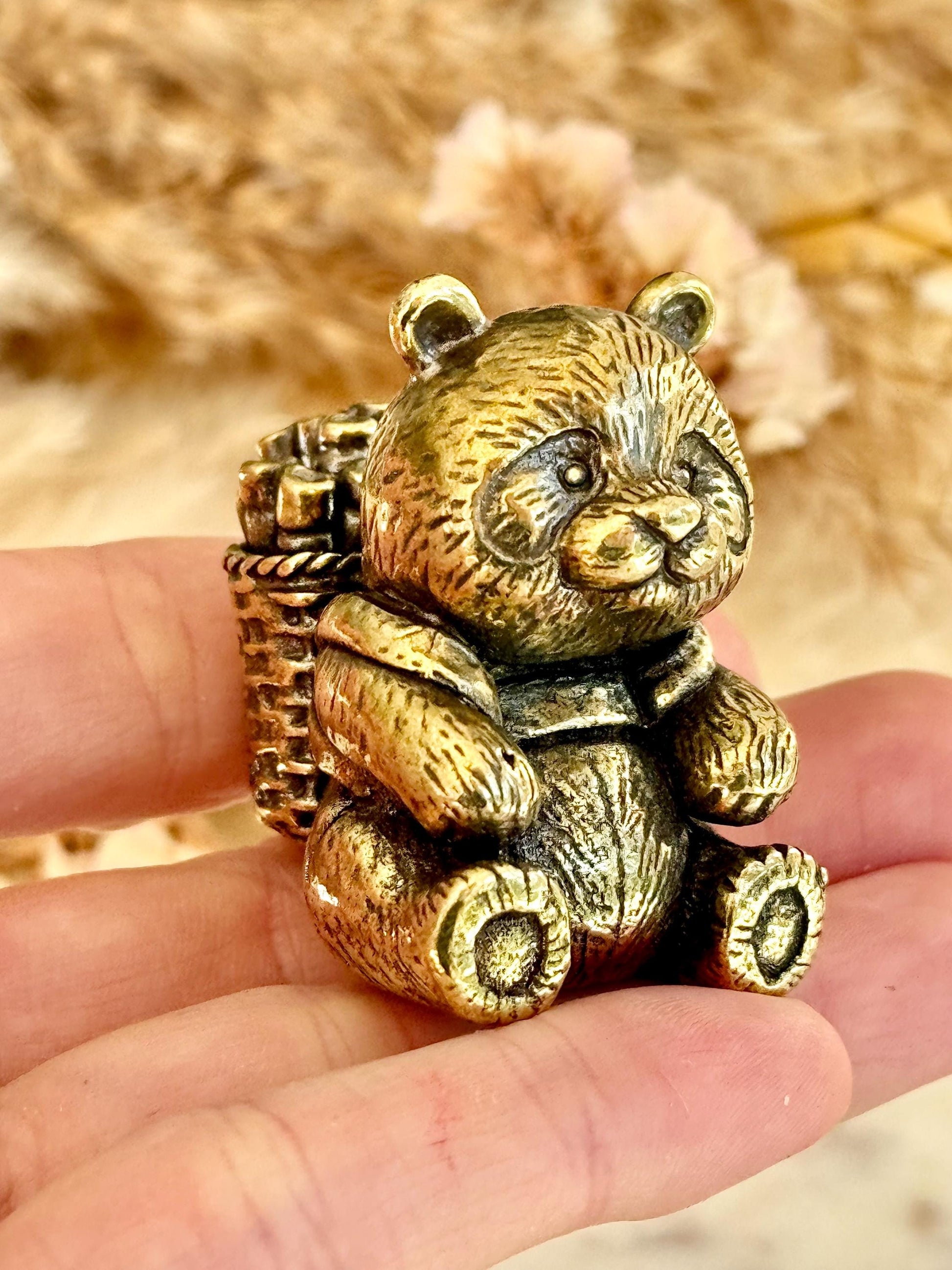Endearing Baby Panda With a Bamboo Basket figurine, Solid brass adorable panda miniature, Panda with Bamboo sculpture, panda paperweight