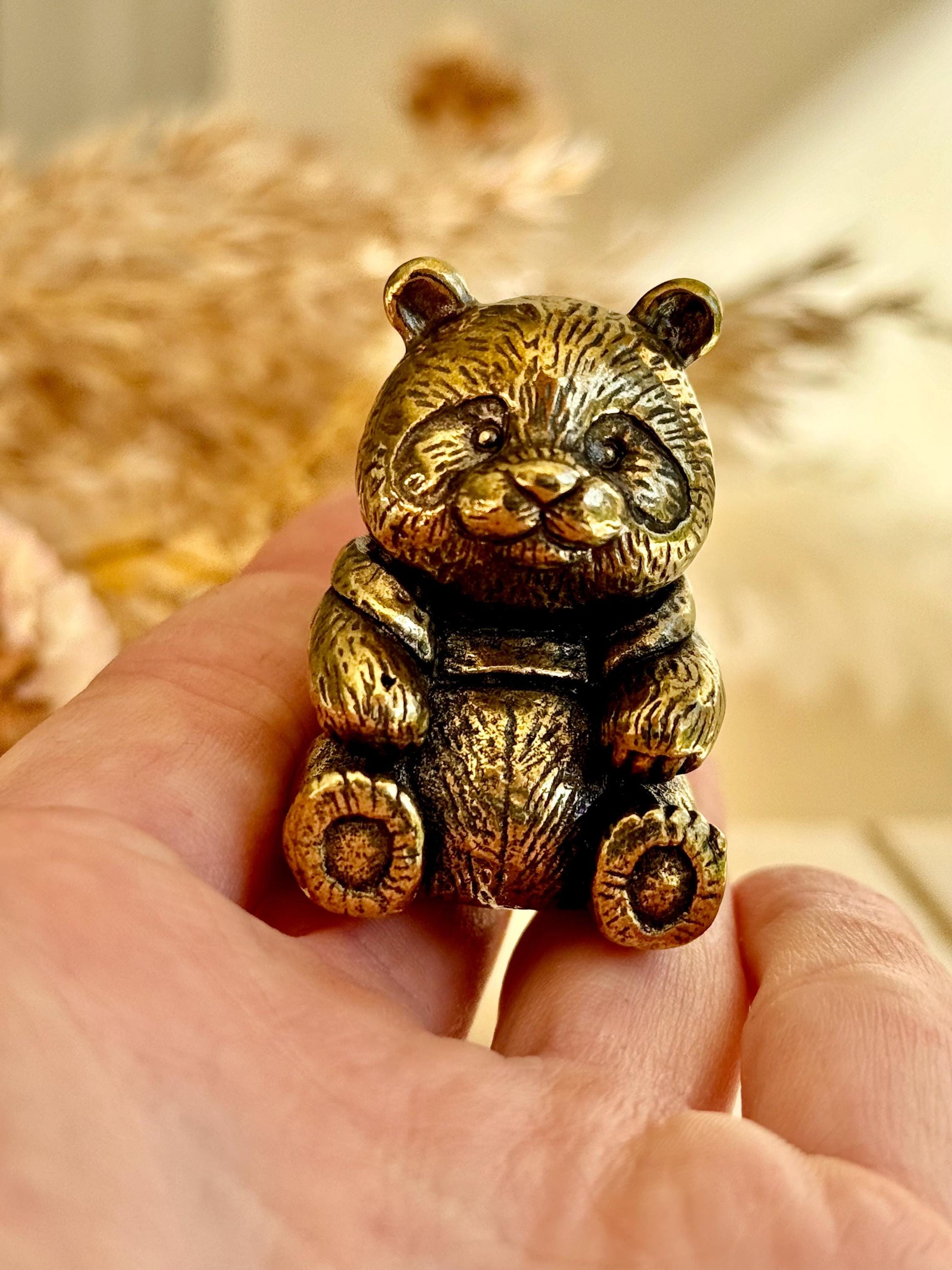 Endearing Baby Panda With a Bamboo Basket figurine, Solid brass adorable panda miniature, Panda with Bamboo sculpture, panda paperweight