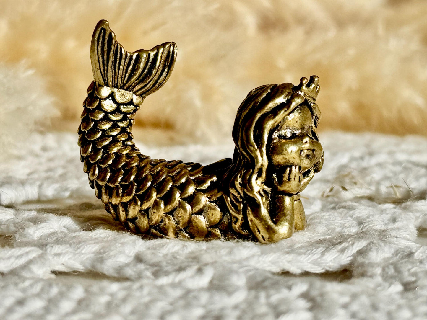 Dreaming Mermaid Solid brass Figurine, Fairy Garden Miniature Lovely Little Mermaid Figurine Desktop or Shelf Decor