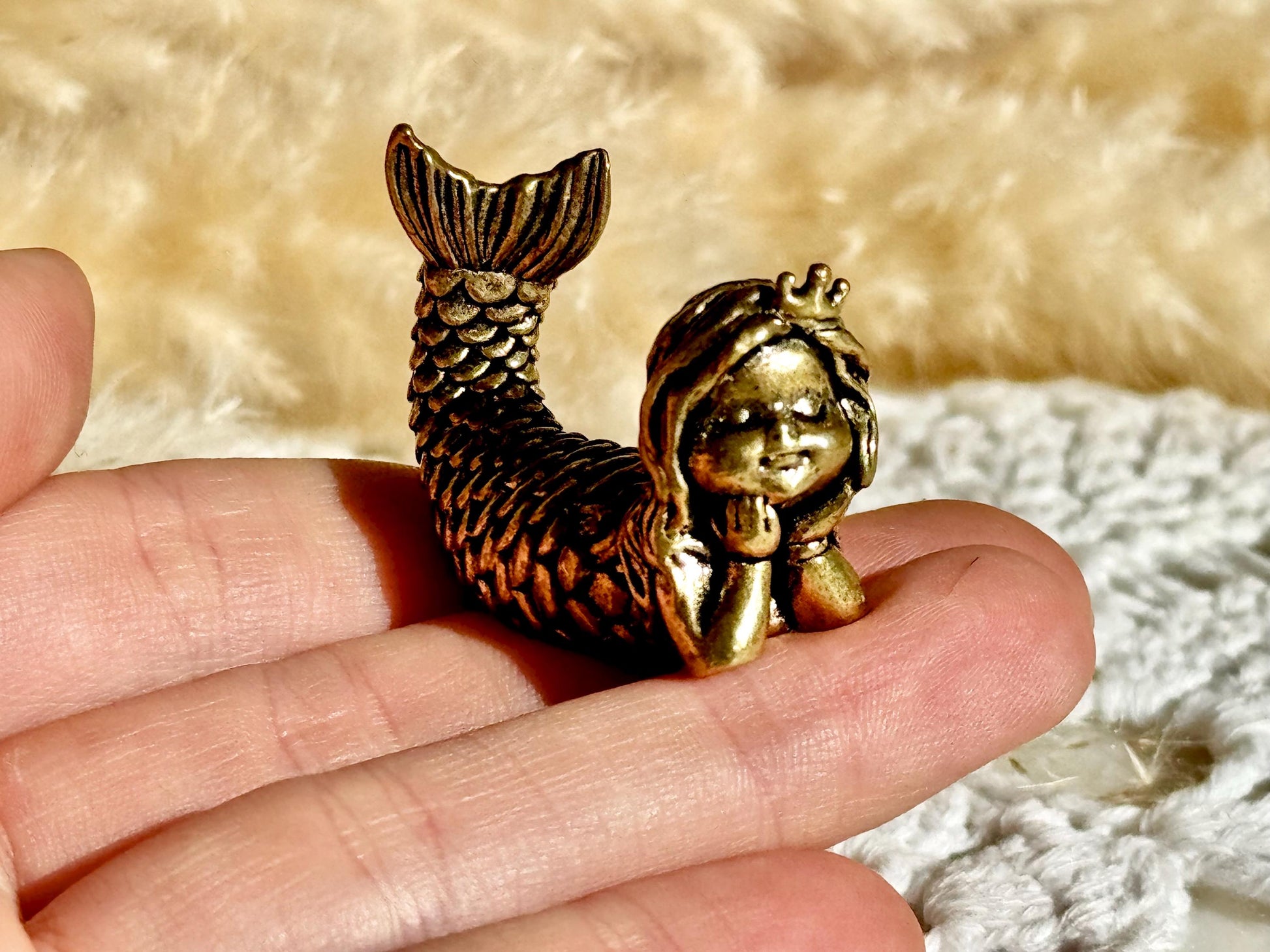 Dreaming Mermaid Solid brass Figurine, Fairy Garden Miniature Lovely Little Mermaid Figurine Desktop or Shelf Decor