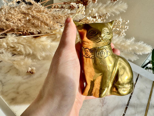 Indian Vintage Solid Brass Cat Figurine with Floral Collar, Brass Kitty Figurine, Unique Vintage Solid Brass Cat Figurine