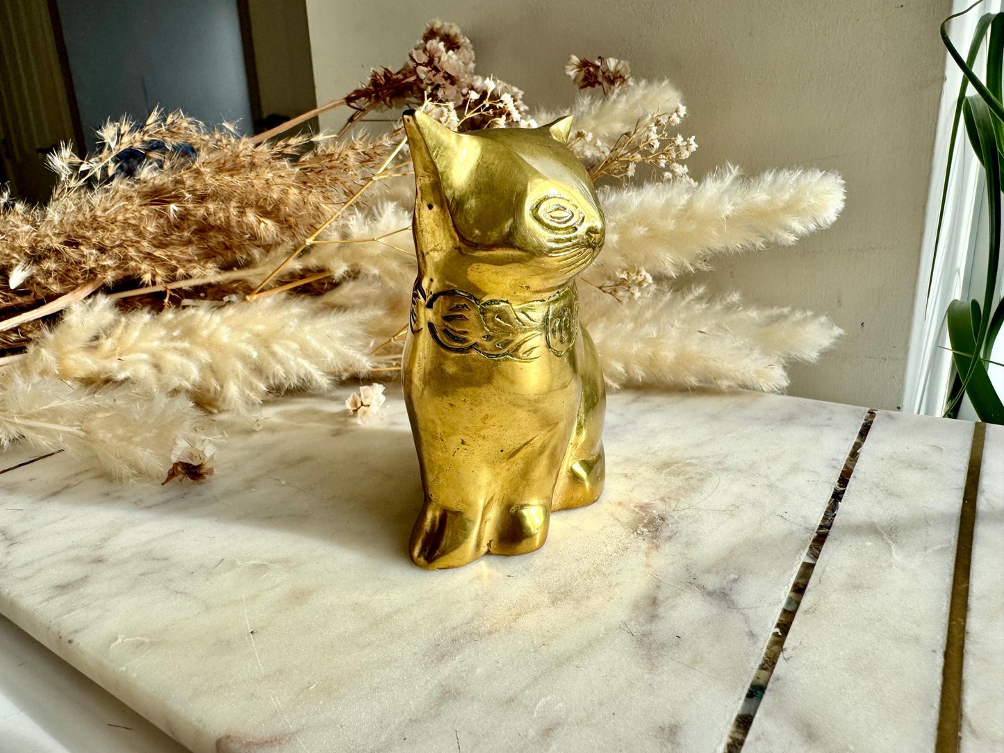 Indian Vintage Solid Brass Cat Figurine with Floral Collar, Brass Kitty Figurine, Unique Vintage Solid Brass Cat Figurine