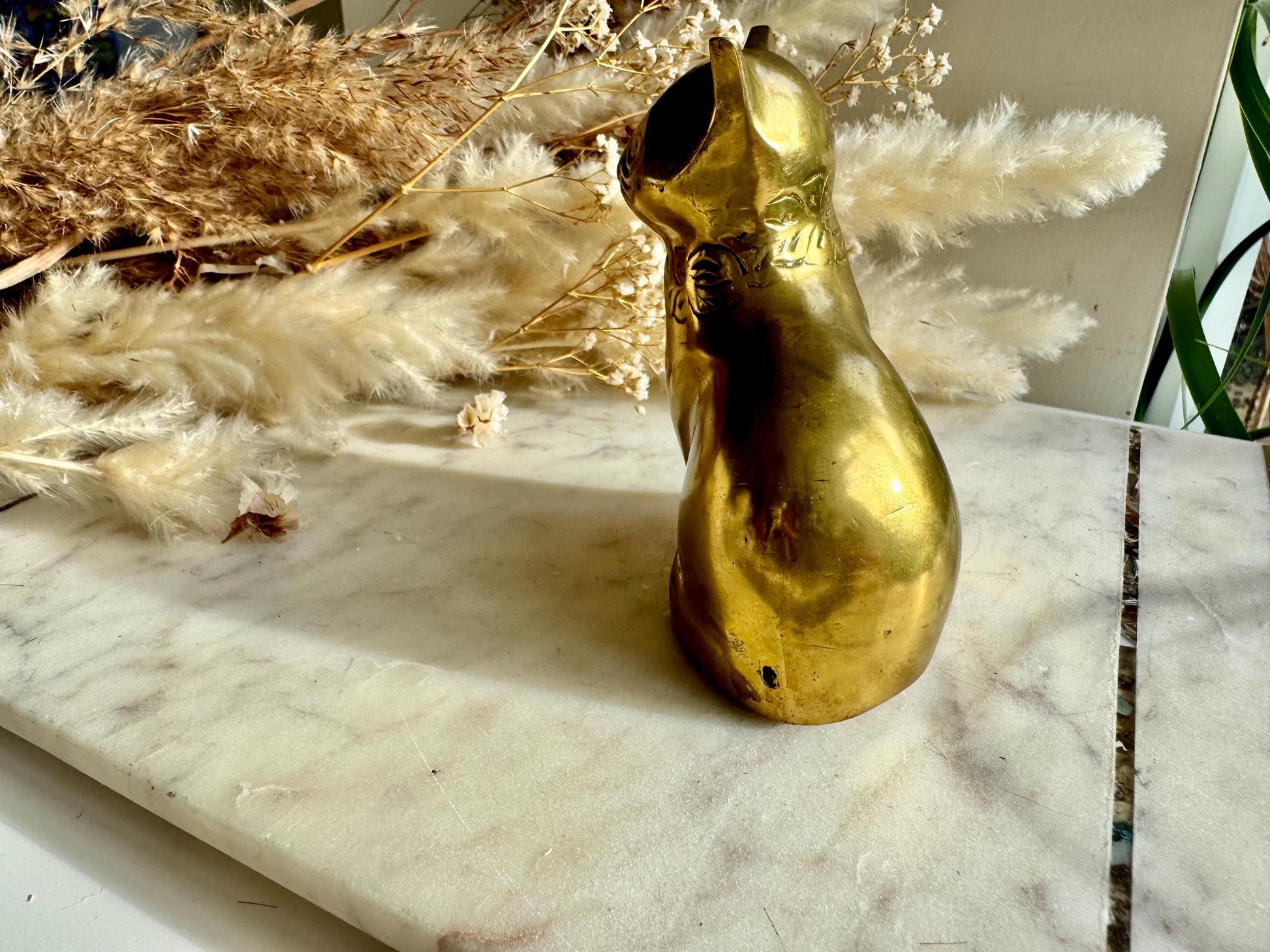 Indian Vintage Solid Brass Cat Figurine with Floral Collar, Brass Kitty Figurine, Unique Vintage Solid Brass Cat Figurine