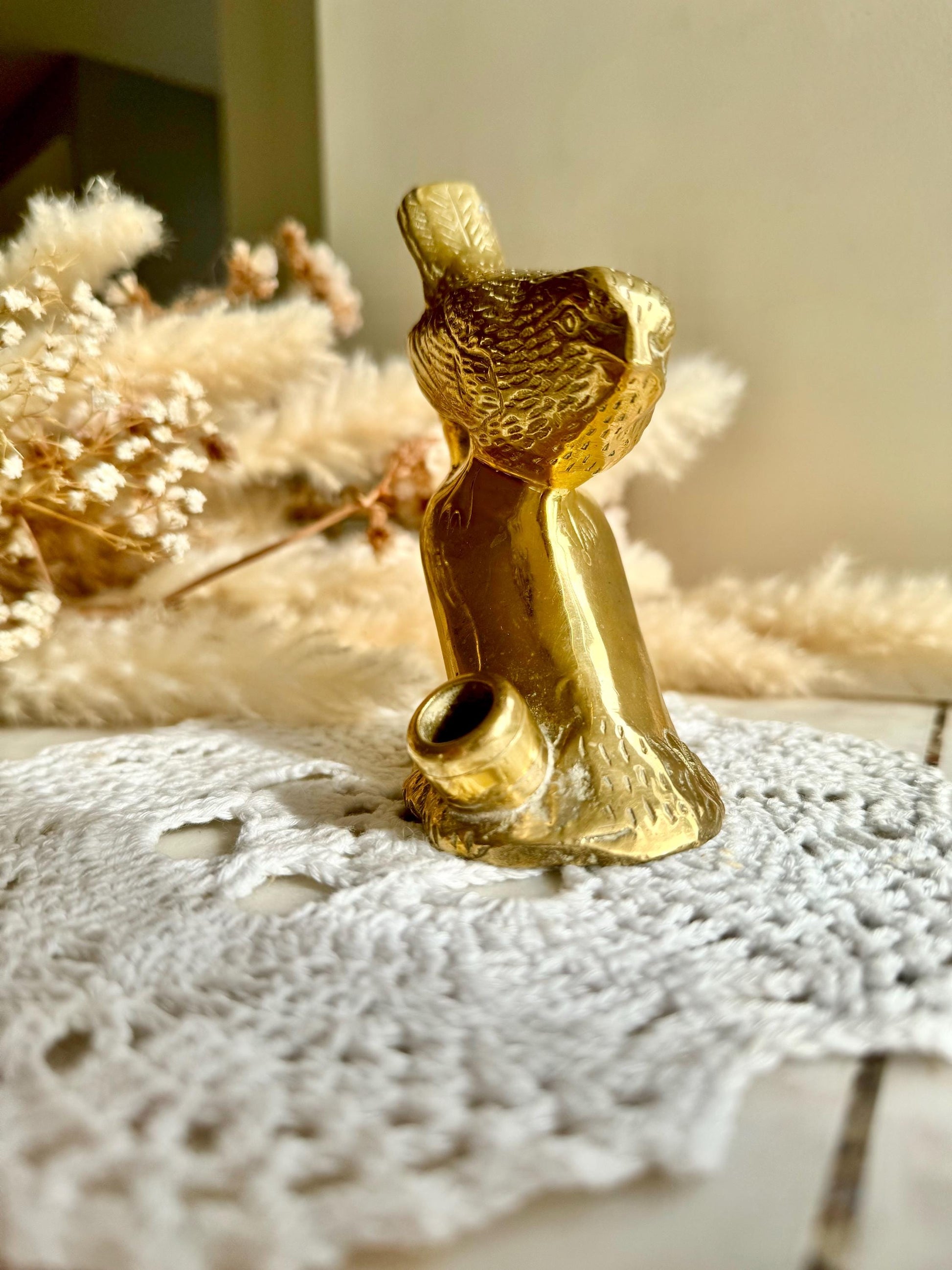 Vintage Solid Brass Bird on a Branch with Nest Figurine, Golden Desktop Decoration, Vintage Bird Candleholder Sculpture, Naturalistic decor