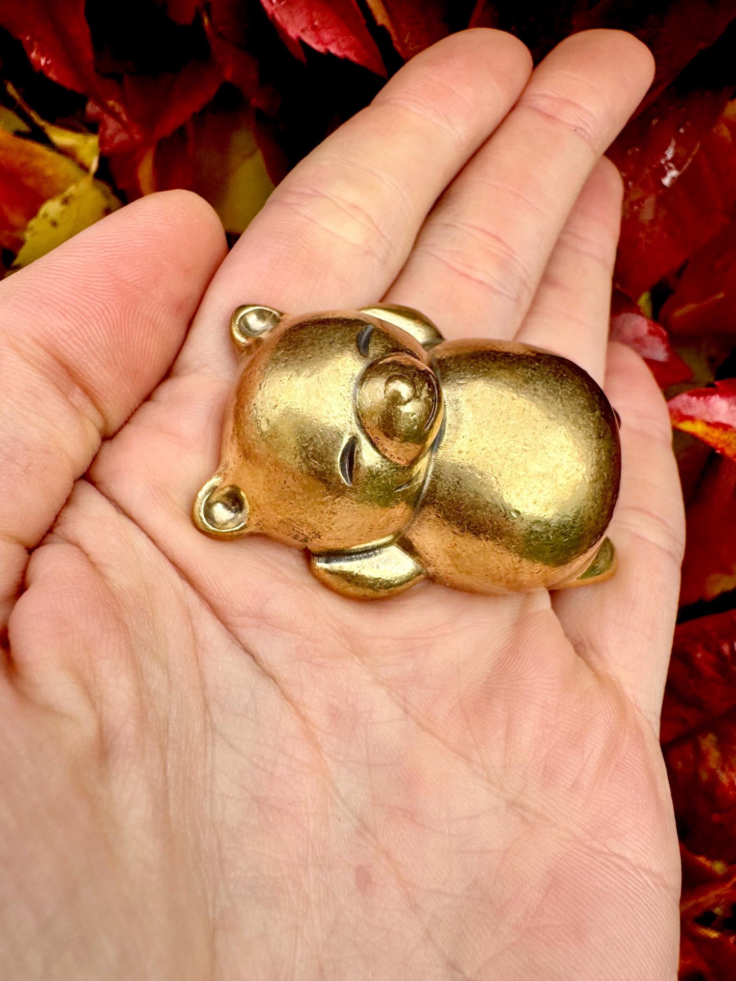 Relax style solid brass Cute Miniature Happy Bear, Metal Collectible Sleeping Bear Paperweight, Kind gift for loved ones