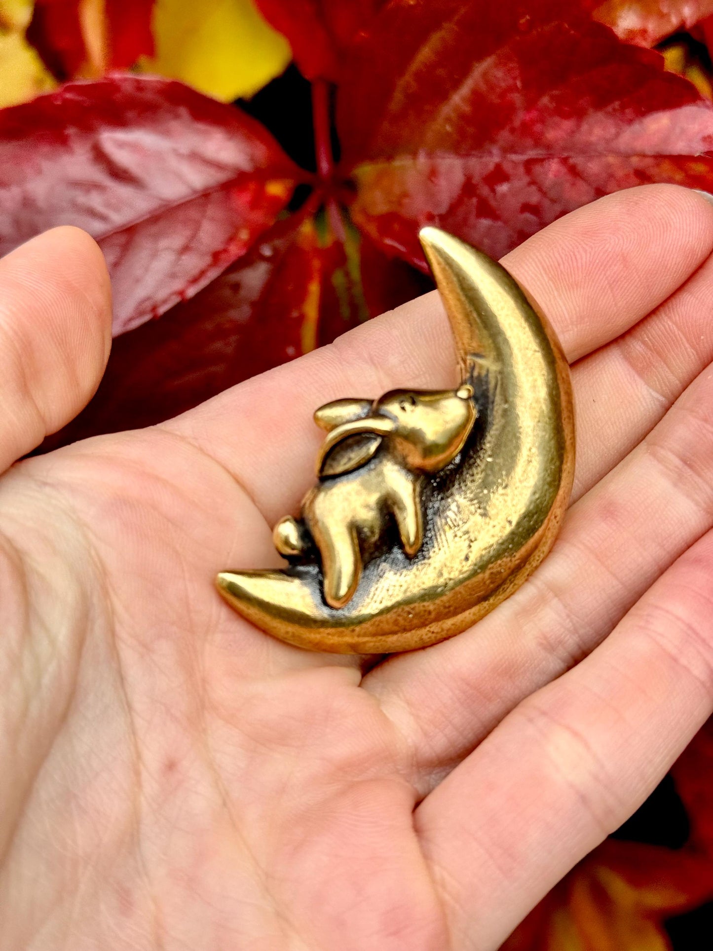 Dreamy Sleeping Bunny On A Moon Unique Decor Moonlight Hare Figurine, Solid Brass Ornament,