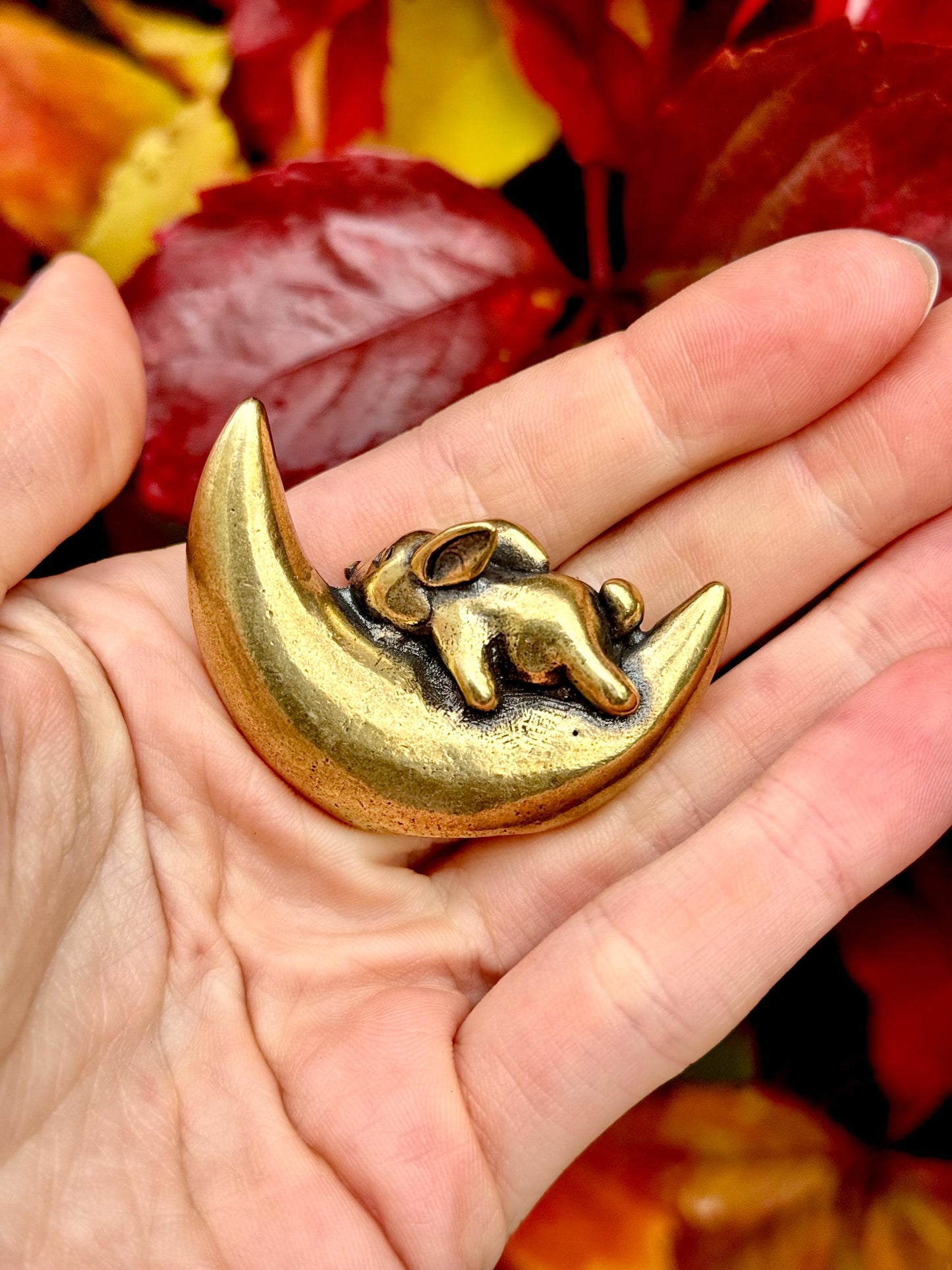 Dreamy Sleeping Bunny On A Moon Unique Decor Moonlight Hare Figurine, Solid Brass Ornament,