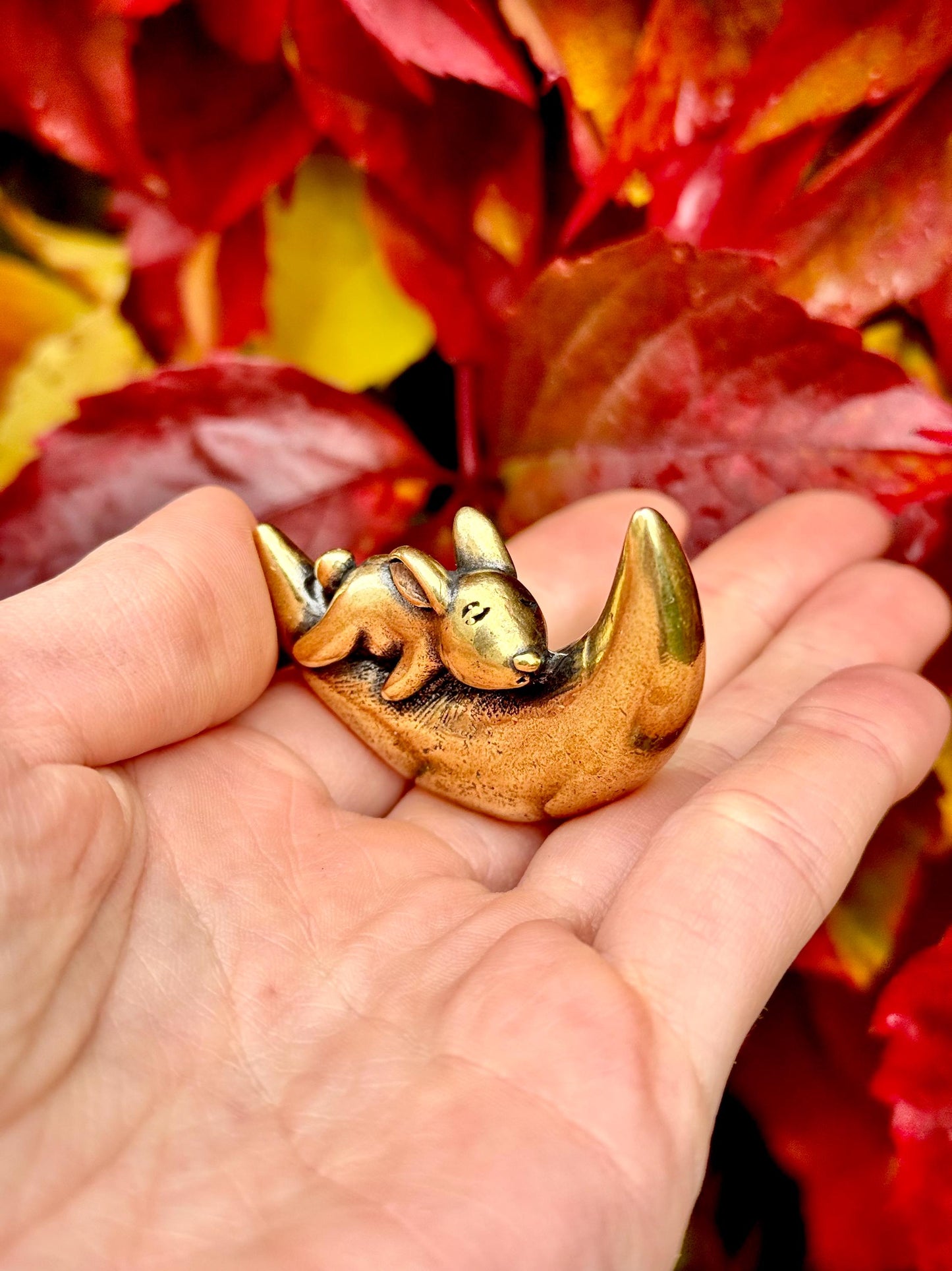 Dreamy Sleeping Bunny On A Moon Unique Decor Moonlight Hare Figurine, Solid Brass Ornament,