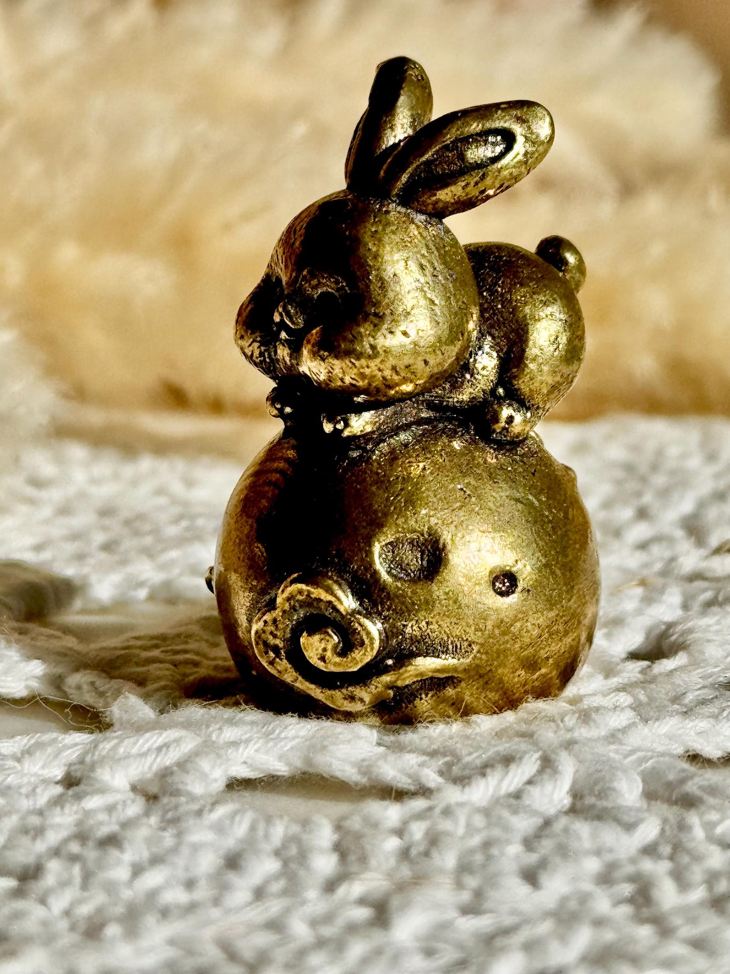 Adorable Dreamy Bunny On A Full Moon Unique Decor, Moonlight Hare Figurine, Solid Brass Ornament
