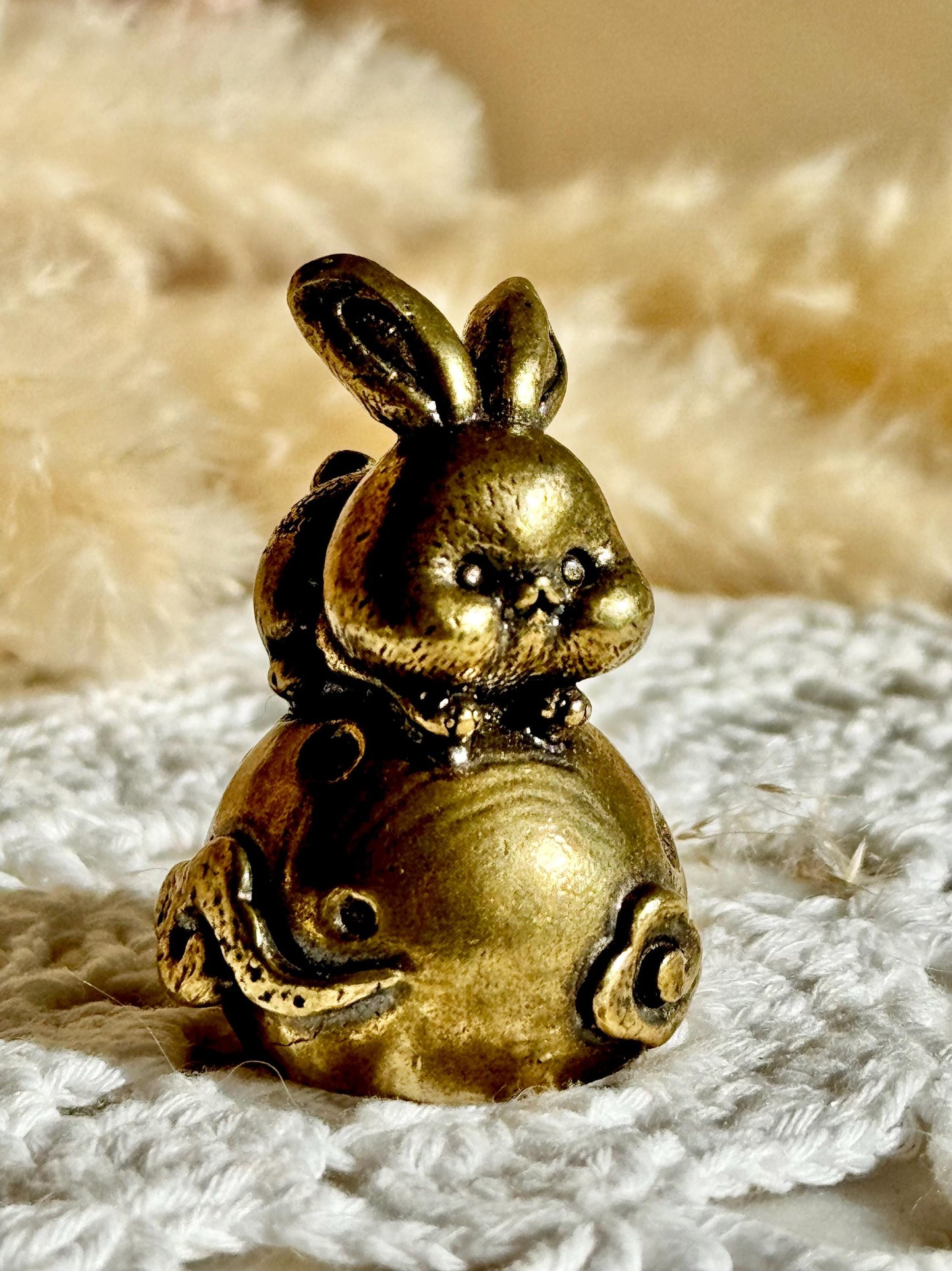 Adorable Dreamy Bunny On A Full Moon Unique Decor, Moonlight Hare Figurine, Solid Brass Ornament