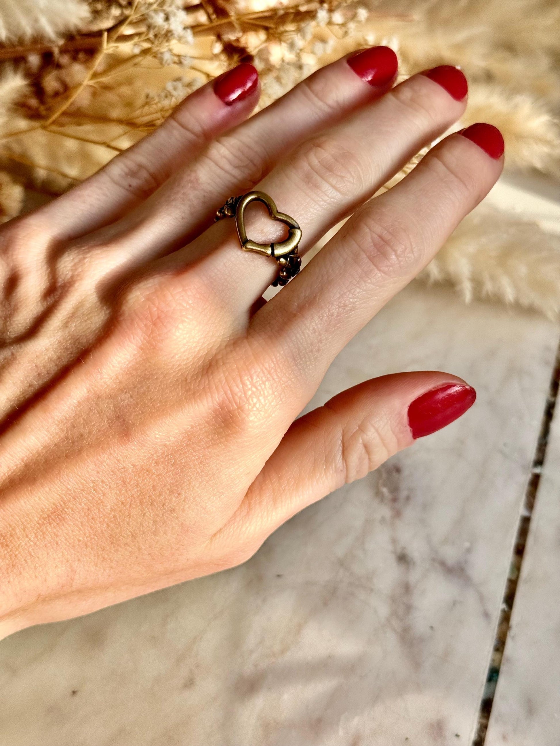 Adjustable Golden Solid Brass Heart Ring – Stunning and Versatile Jewelry Gift for Her, Fits Any Finger Size, Punk Ring, Streetwear Jewelery