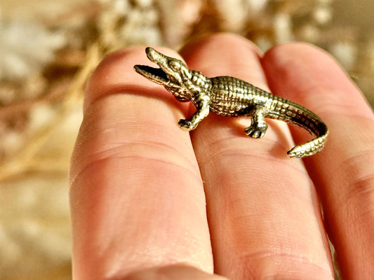 Tiny Brass alligator statue mini metal crocodile figurine, predator metal art, croco gift for animal lovers