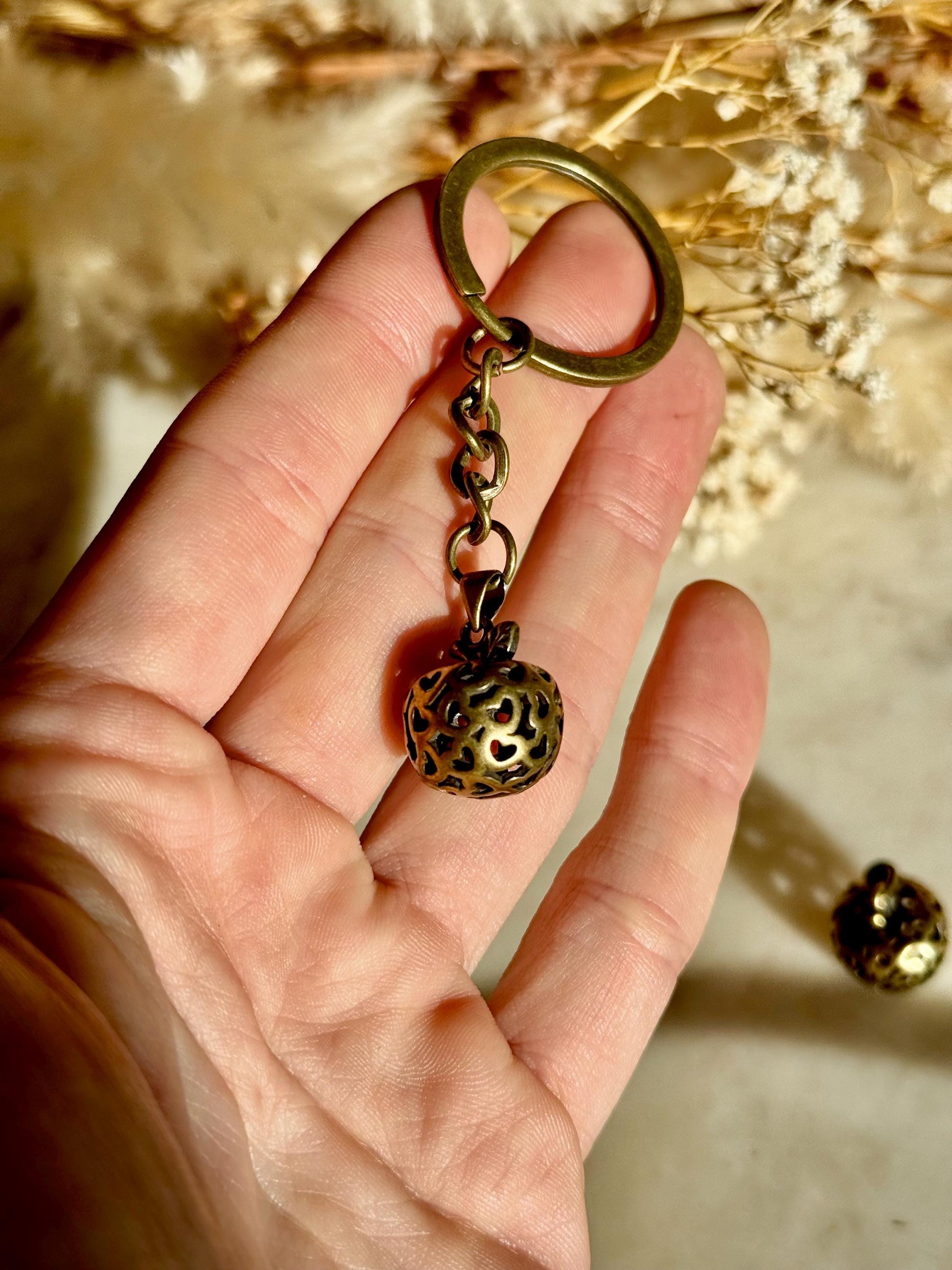 Cute Style Forbidden Fruit Apple Keyring, Solid brass Carved apple Charm, metal fruit pendant