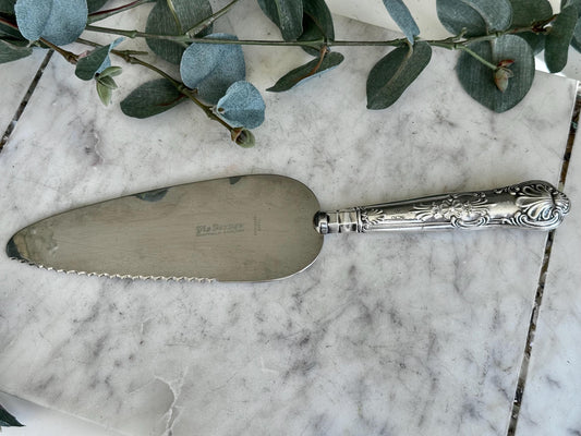 English Vintage Stainless Steel Weeding Knife, engraved pattern rectangular knife face carved handle cake cutter, Vintage Sheffield Knife