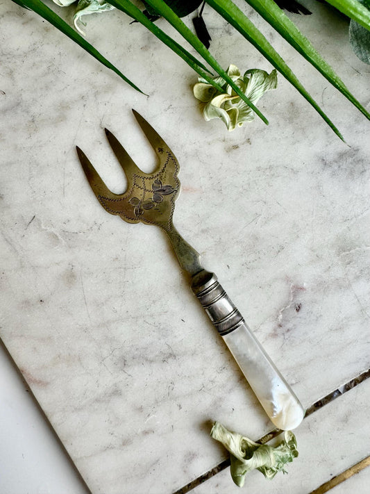 Antique Silver Plate Mother of Pearl Handle Bread Meat Serving Fork