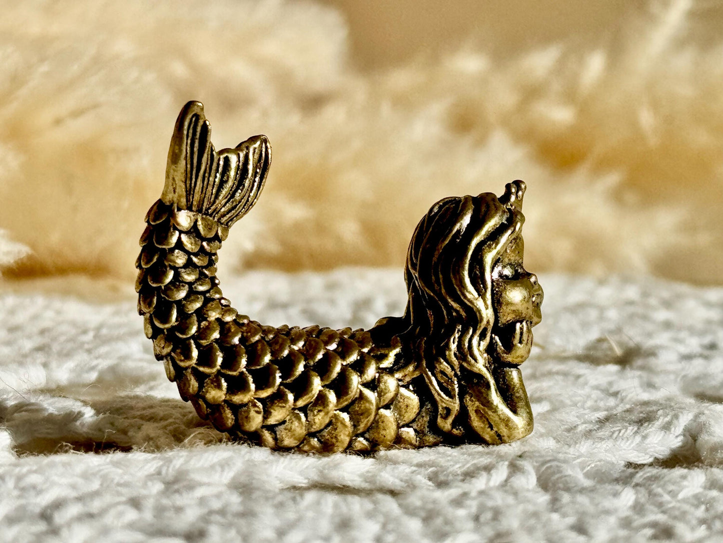 Dreaming Mermaid Solid brass Figurine, Fairy Garden Miniature Lovely Little Mermaid Figurine Desktop or Shelf Decor