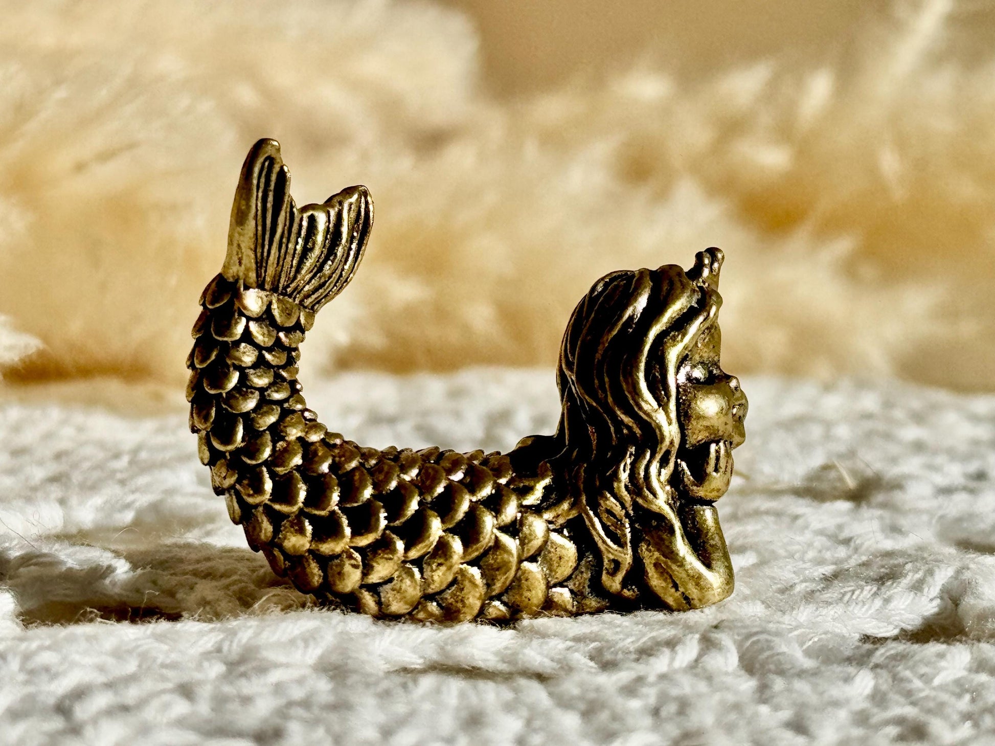 Dreaming Mermaid Solid brass Figurine, Fairy Garden Miniature Lovely Little Mermaid Figurine Desktop or Shelf Decor