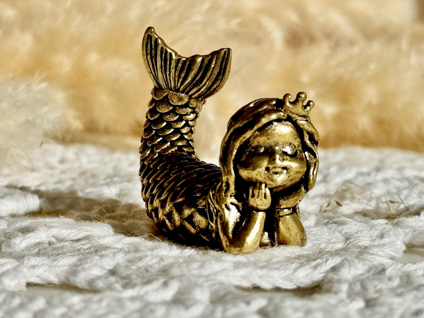 Dreaming Mermaid Solid brass Figurine, Fairy Garden Miniature Lovely Little Mermaid Figurine Desktop or Shelf Decor