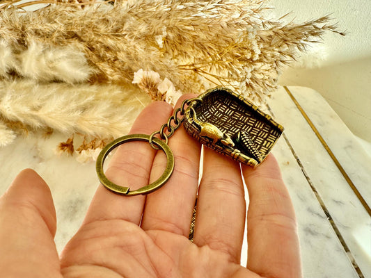 Fine Hungry Mouse, Solid Brass Basket with Rat and Corn Figurine, Cast Brass Animal Ornament, Unique Brass Keychain Accessory